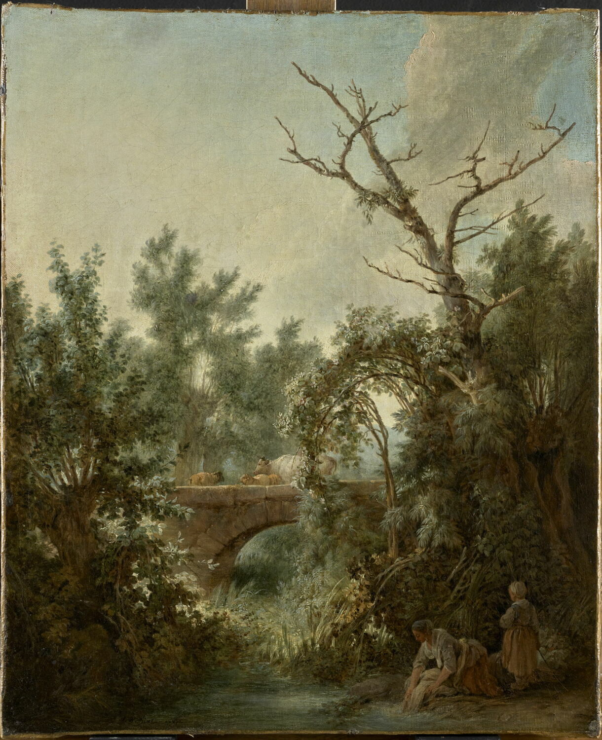 Paysanne lavant près d'un pont. Ancien titre : Paysage avec pont, Huet, Jean-Baptiste, 3e tiers du XVIIIe siècle (1775)