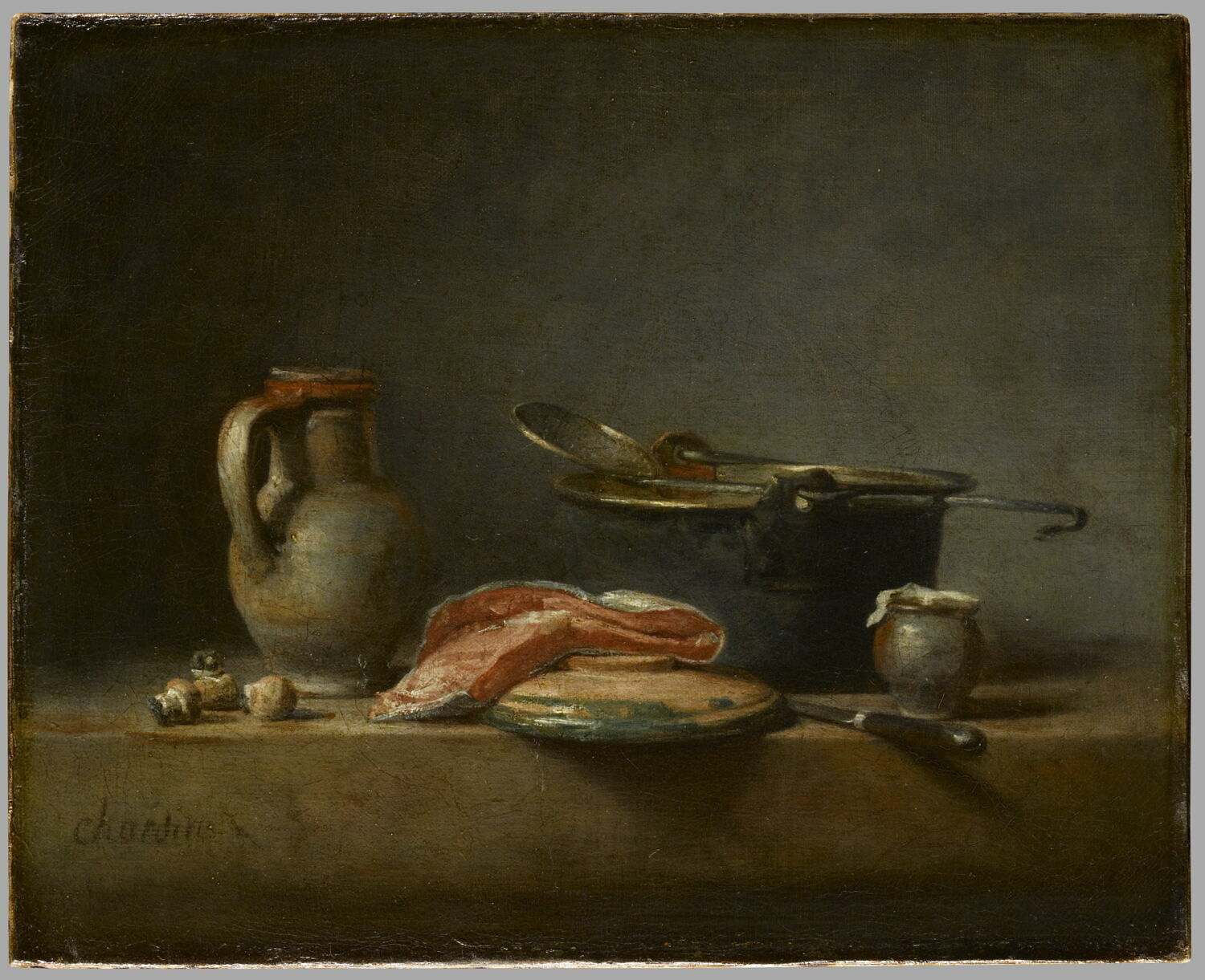 Marmite de cuivre, écumoire, cruche et tranche de saumon, Chardin, Jean Baptiste Siméon, 2e moitié du XVIIIe siècle (vers 1750 - 1760)