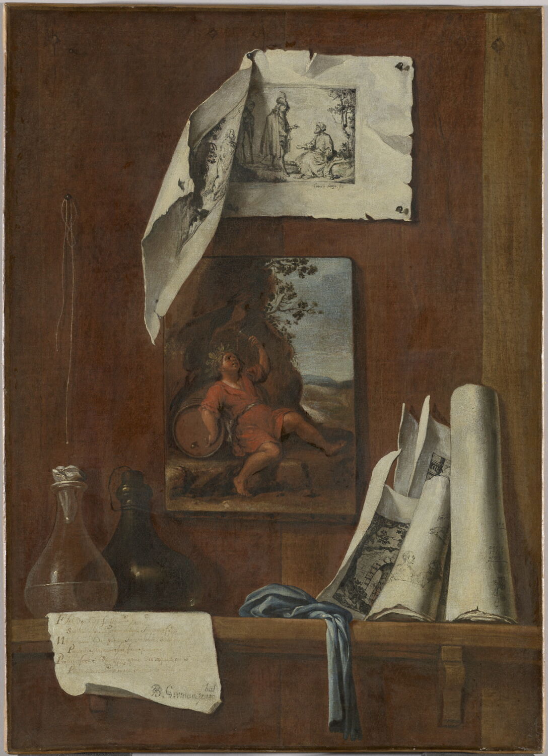 Nature morte en trompe l'oeil : le vin ou allégorie du goût, Lorente y German, Bernardo, 1e moitié du XVIIIe siècle (vers 1730)