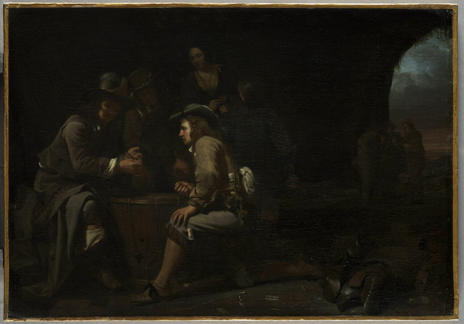 Soldats jouant aux cartes dans une caverne aménagée en corps de garde, Sweerts, Michael, XVIIe siècle (S.D.b.d. sur un cartellino : M.S. 16[49 ?] plutôt que 1645 (les deux derniers chiffres sont pratiquement illisibles aujourd’hui).) (1649)