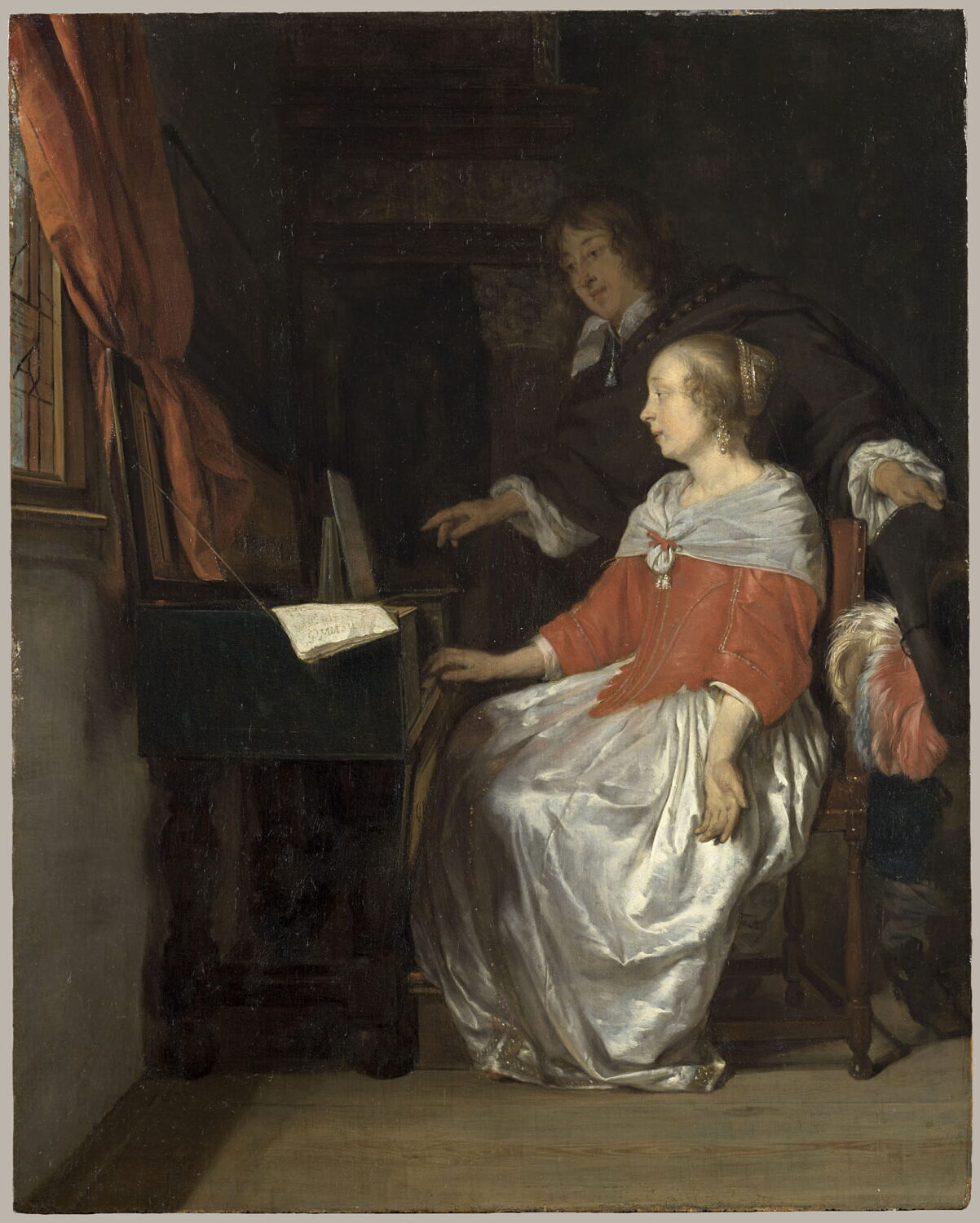 Joueuse de virginal et chanteur préparant unmorceau de musique ou Leçon de musique, Metsu, Gabriel, 3e quart du XVIIe siècle (A dater peu avant 1660, sous l'influence de Ter Borch.) (avant 1660)