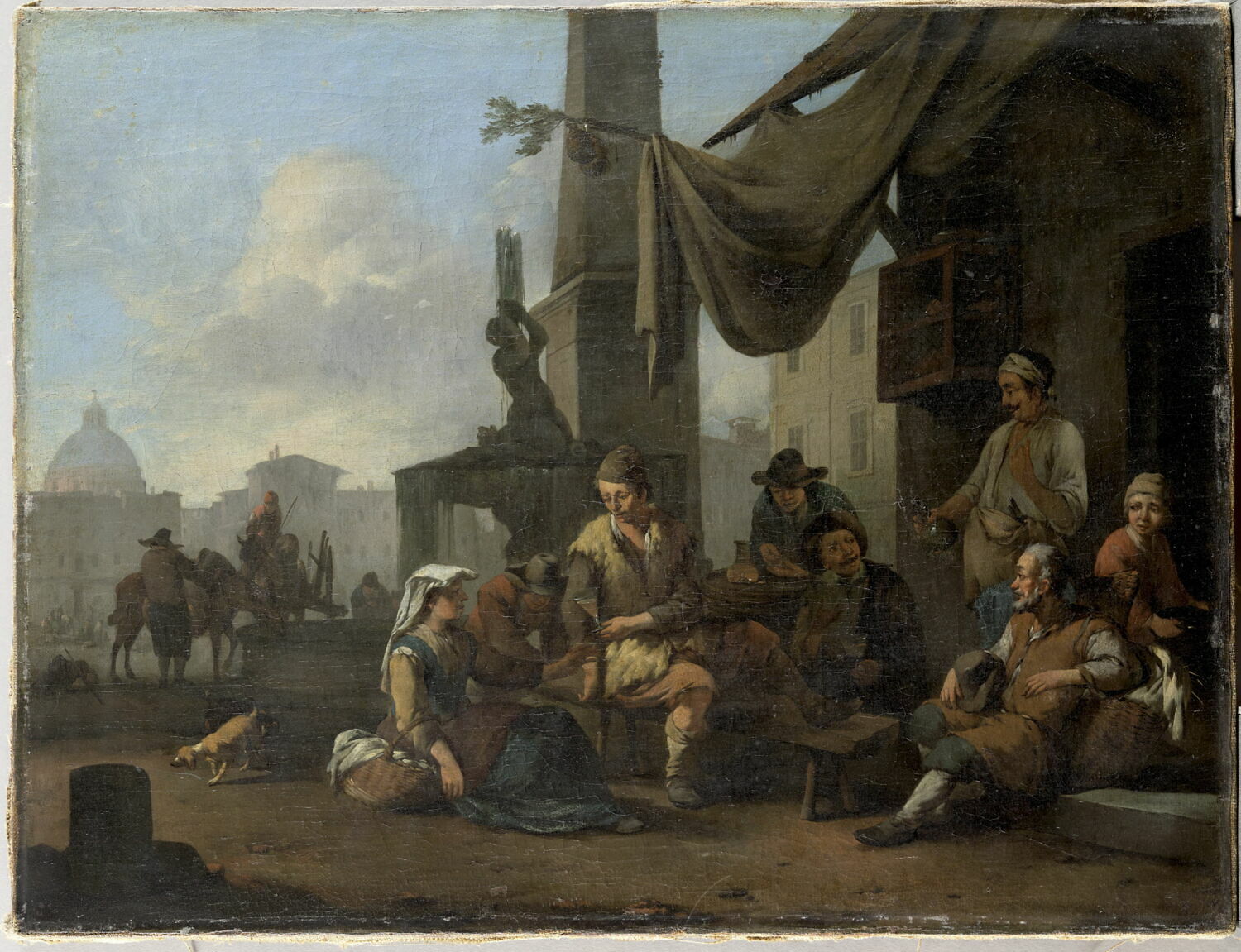 Paysans italiens buvant à la porte d'une hôtellerie, Lingelbach, Johannes, 3e quart du XVIIe siècle (vers 1660)