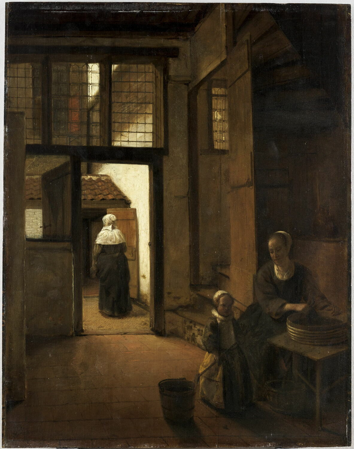 Femme préparant des légumes dans la pièce arrière d'une maison hollandaise, Hooch, Pieter de, 3e quart du XVIIe siècle (vers 1642 - 1661)