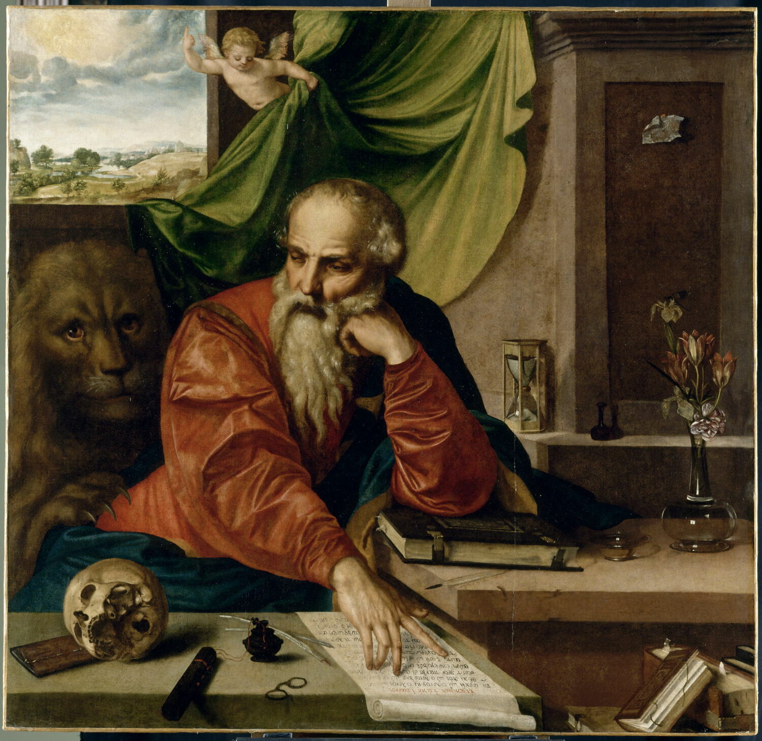 Saint Jérôme en méditation, avec son lion, tête de mort, livres, vase de fleurs et sablier, Pencz, Georg, 2e quart du XVIe siècle (1525 - 1550)
