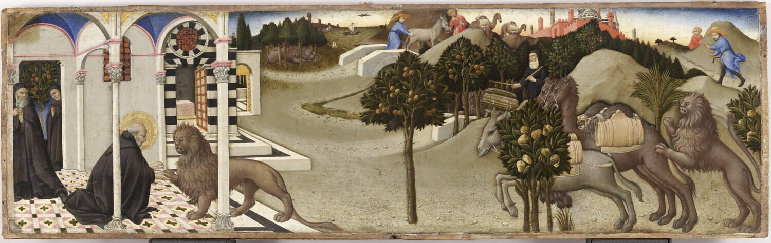 Saint Jérôme enlève une épine de la patte du lion. Deux voleurs dérobent l'âne du couvent que le lion ramène avec deux chameaux chargés de marchandises, Sano di Pietro, 2e quart du XVe siècle (1444)
