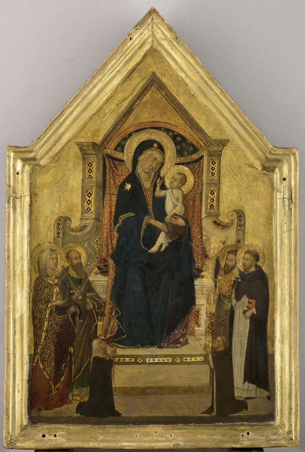 La Vierge et l'Enfant sur un trône entourés de quatre saints (à gauche, une sainte non identifiée et saint Paul, à droite, saint Pierre [ou saint Barthélémy ?] et saint Dominique) ; à la partie inférieure, deux donateurs agenouillés, Maître de Monte Oliveto, 1e moitié du XIVe siècle (1300 - 1350)