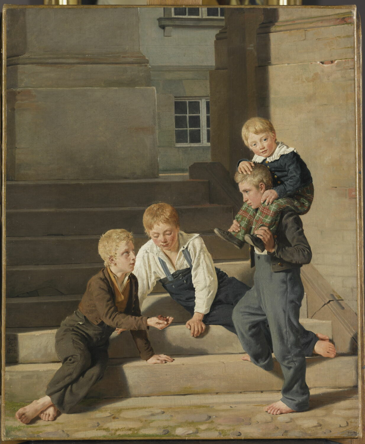 Jeunes Garçons jouant aux dés devant le château de Christiansborg, à Copenhague, Hansen, Carl Christian Constantin, 1e moitié du XIXe siècle (1834)