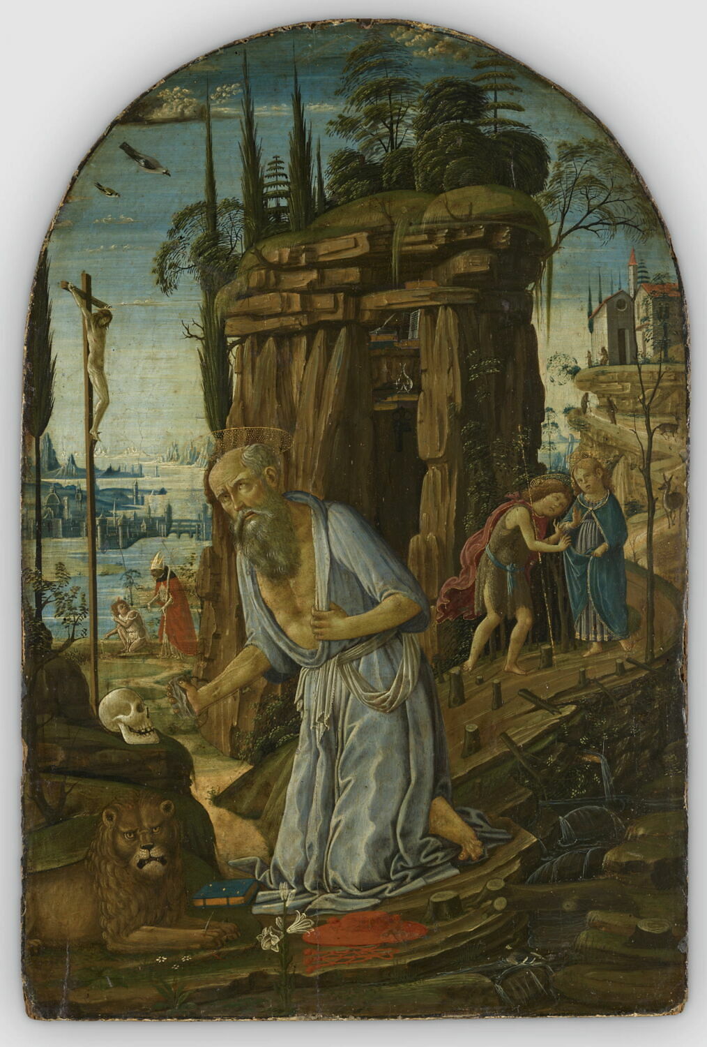 Saint Jérôme dans le désert ; A l'arrière-plan, la rencontre entre le Christ et saint Jean Baptiste enfants, et l'appparition du Christ à saint Augustin, Sellaio, Fin du XVe siècle - début du XVIe siècle (1475 - 1525)
