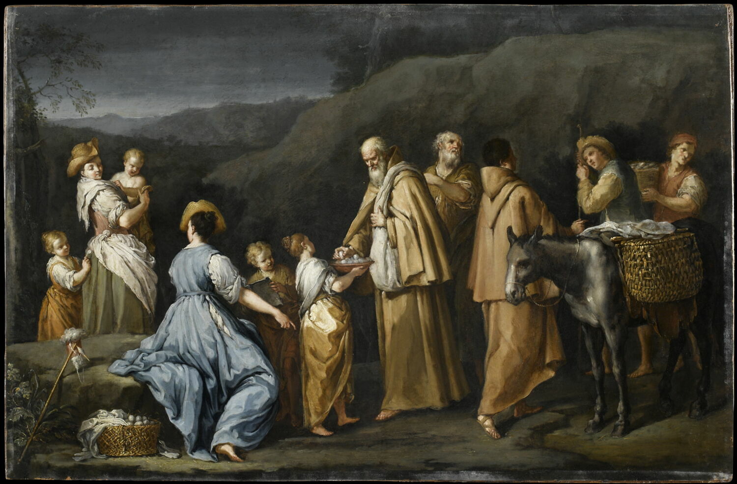 Religieux quêteurs à qui une jeune fille donne des oeufs, Gambarini, Giuseppe, 1e quart du XVIIIe siècle (vers 1715 - 1725)