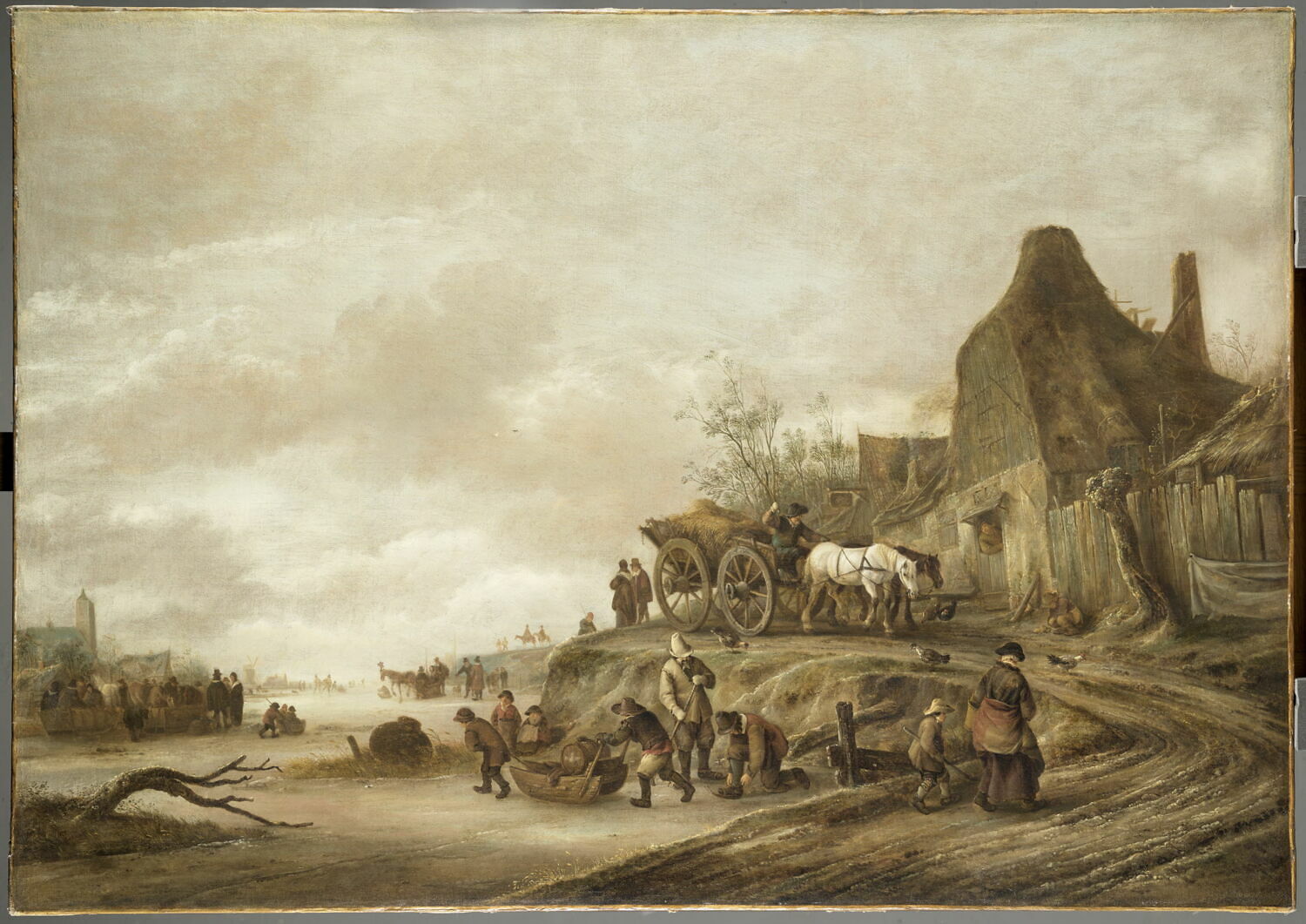Cours d’eau gelé avec, sur le côté, carriole descendant un chemin bordé de maisons et de palissades en bois, Ostade, Isaack van, 2e quart du XVIIe siècle (1630)