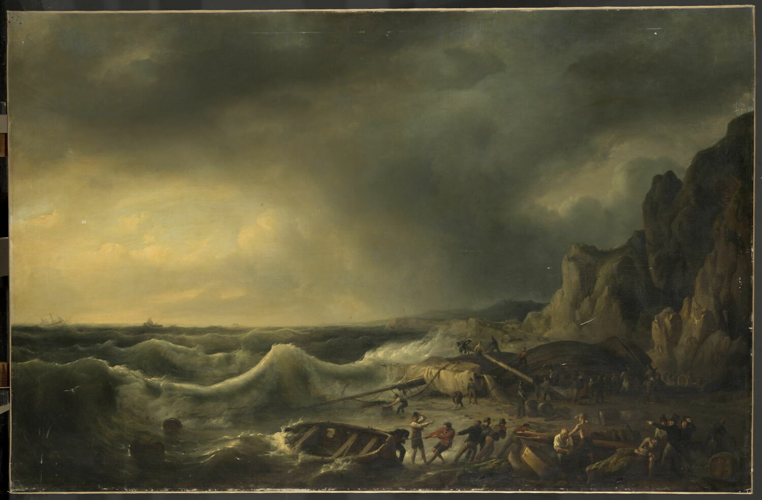 Sauvetage d'un navire naufragé, dit aussi Le navire à la côte après un gros temps, Gudin, Théodore, 1e quart du XIXe siècle (1800 - 1825)