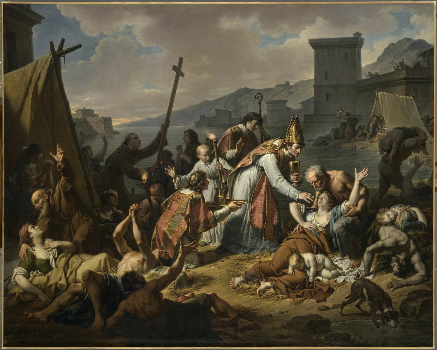 Le Dévouement de monseigneur de Belzunce (1671-1755), évêque de Marseille, durant la peste qui désola cette ville en 1720, Monsiau, Nicolas André, 1e quart du XIXe siècle (1818)