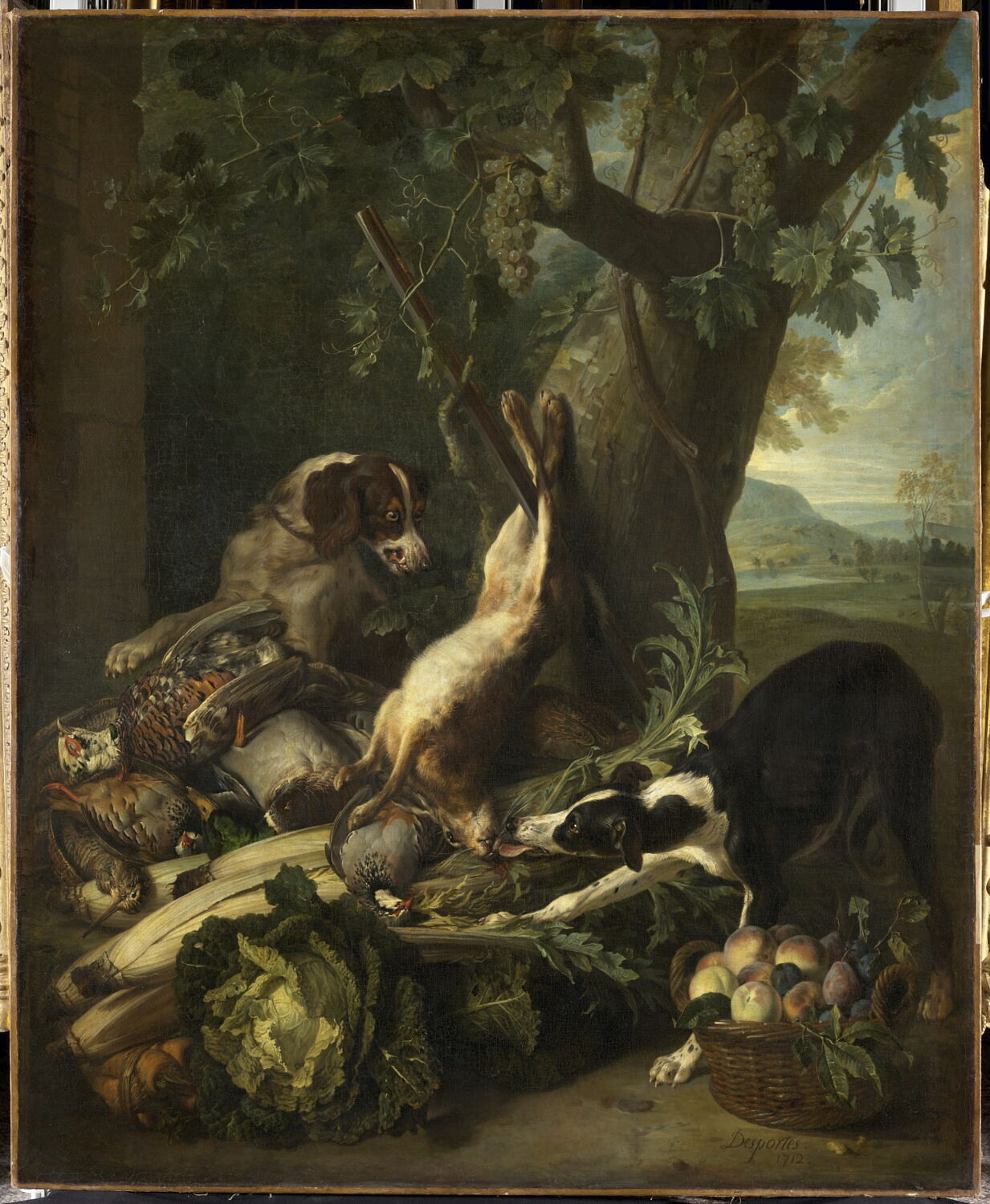 Gibier mort, légumes, fruits et deux chiens, Desportes, Alexandre-François, 1e quart du XVIIIe siècle (1712)