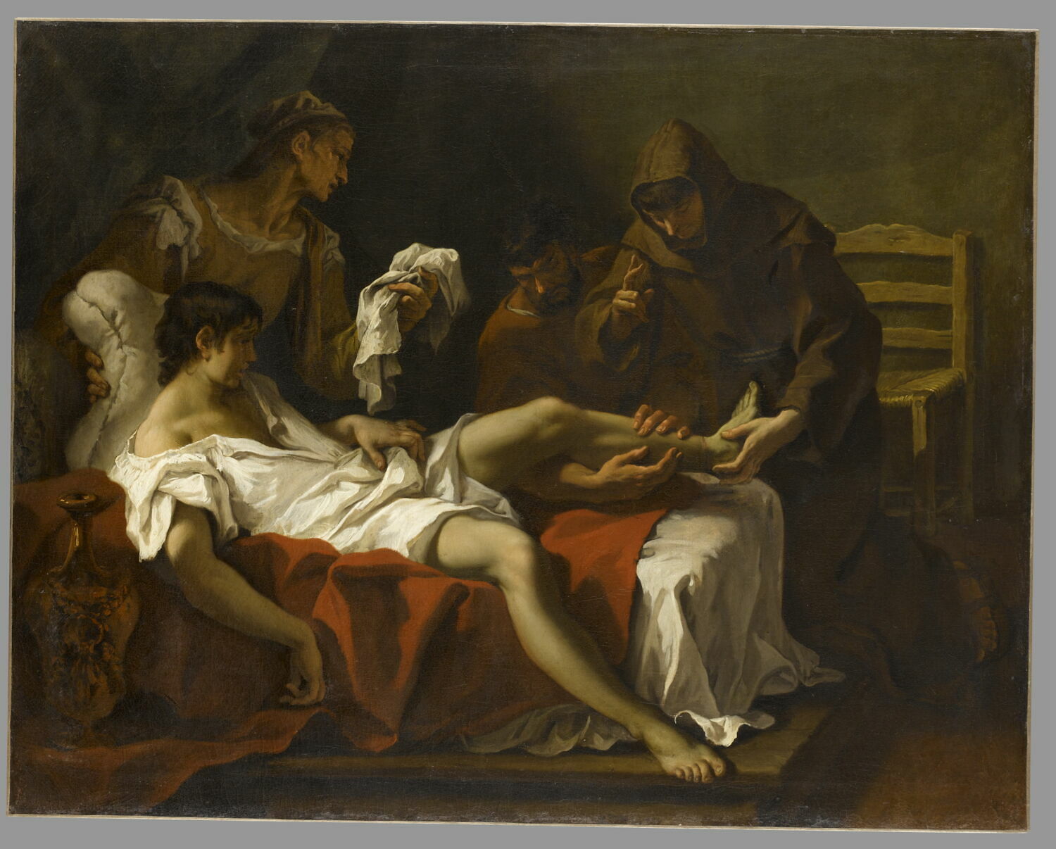 Saint Antoine de Padoue guérissant un jeune homme qui s'était amputé le pied pour se punir d'avoir frappé sa mère, Ricci, Sebastiano, 2e quart du XVIIIe siècle (vers 1725 - 1730)