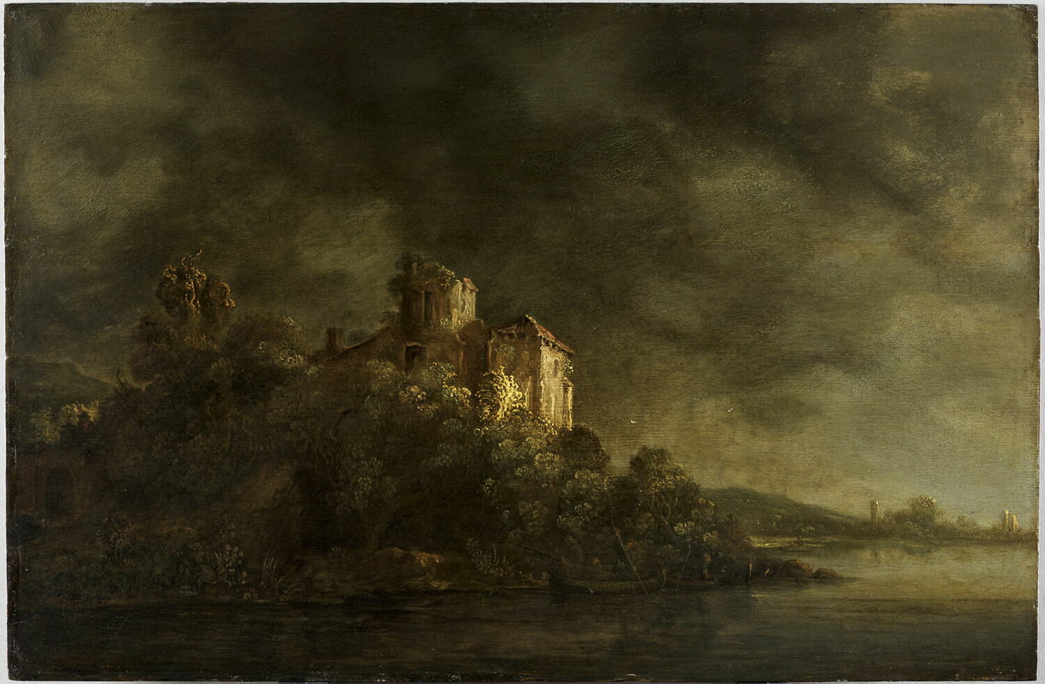 Château dominant une rivière, Rembrandt, Harmensz. van Rijn, Milieu du XVIIe siècle (1640 - 1650)