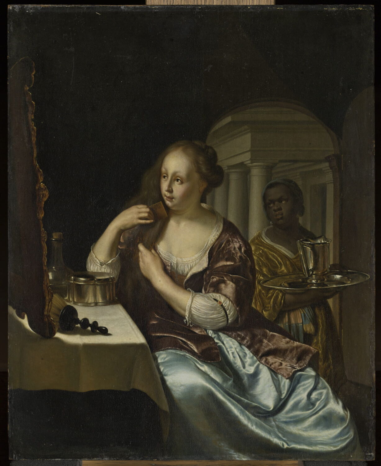 Femme se peignant, assistée d’un jeune serviteur noir, Mieris, Frans van, XVIIe siècle (1678)