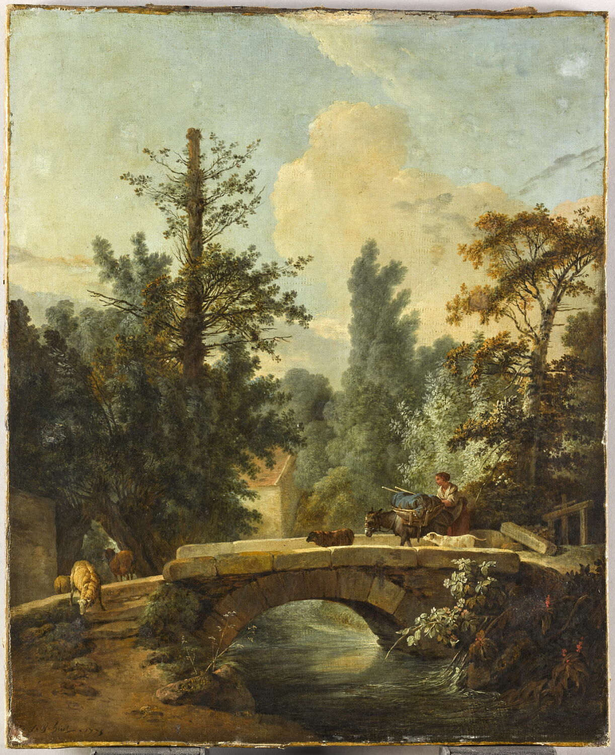 Paysanne et son âne traversant un pont. Ancien titre : Pont et jeune paysanne., Huet, Jean-Baptiste, 3e tiers du XVIIIe siècle (1775)