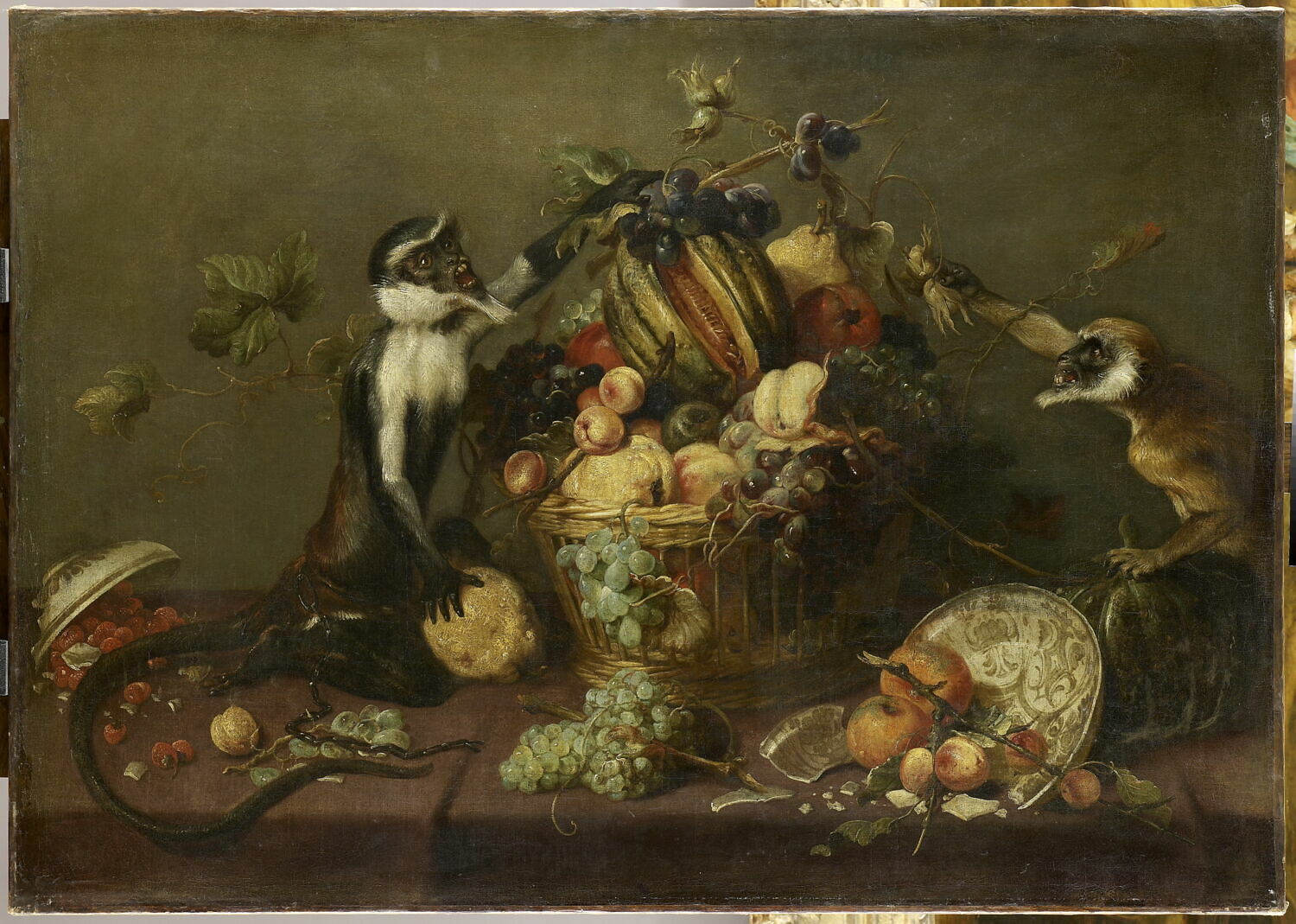 Deux singes pillant une corbeille de fruits, Snyders, Frans, 1e moitié du XVIIe siècle (1630 - 1640)