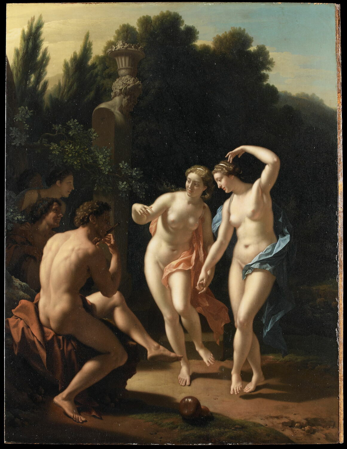 Deux femmes dansant devant un berger jouant du pipeau, dit aussi Nymphes dansant devant un jeune faune jouant de la flûte, Werff, Adriaen van der, Fin du XVIIe siècle - début du XVIIIè siècle (1675 - 1725)