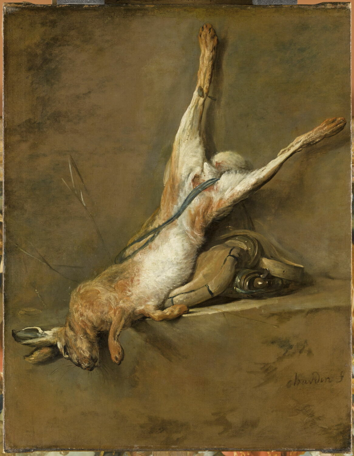 Lièvre mort avec poire à poudre et gibecière., Chardin, Jean Baptiste Siméon, 2e quart du XVIIIe siècle (vers 1730)