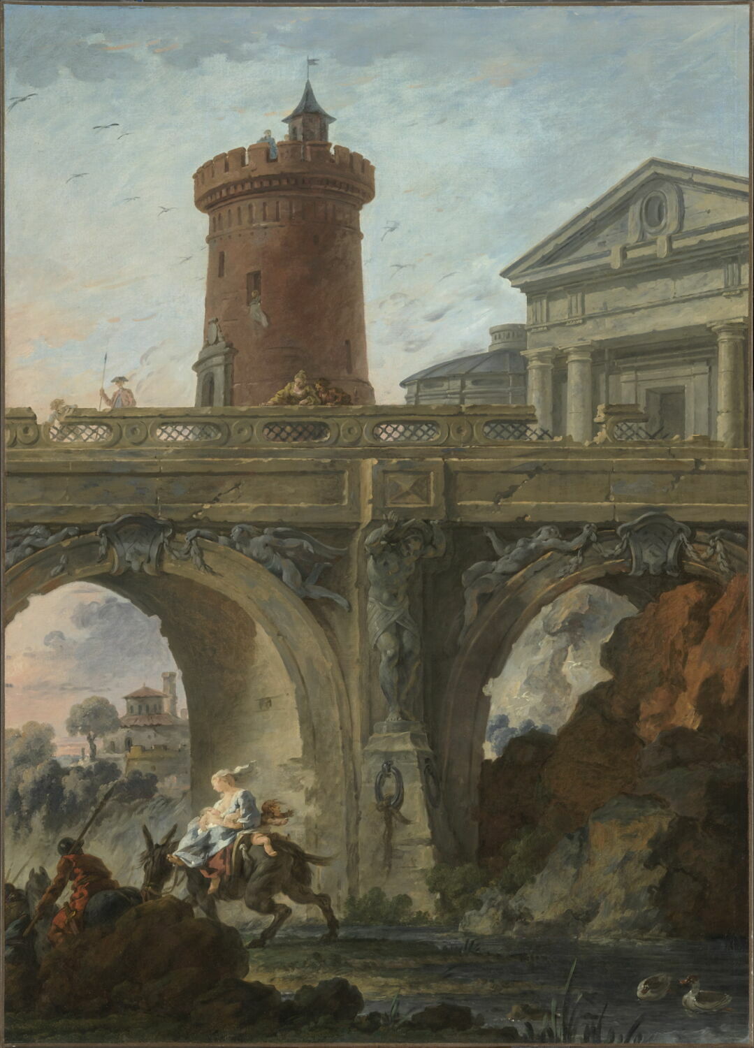 Paysage avec architecture et figures., Hallé, Noël, 3e quart du XVIIIe siècle (vers 1770 - 1775)