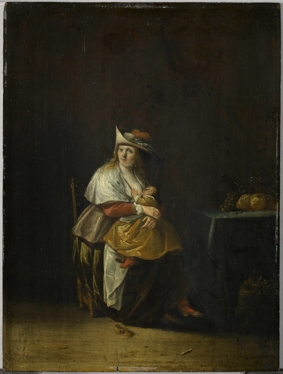 Le Goût : femme allaitant un enfant et singe mangeant des fruits, Palamedesz., Anthonie, 2e quart du XVIIe siècle (1630 - 1640)