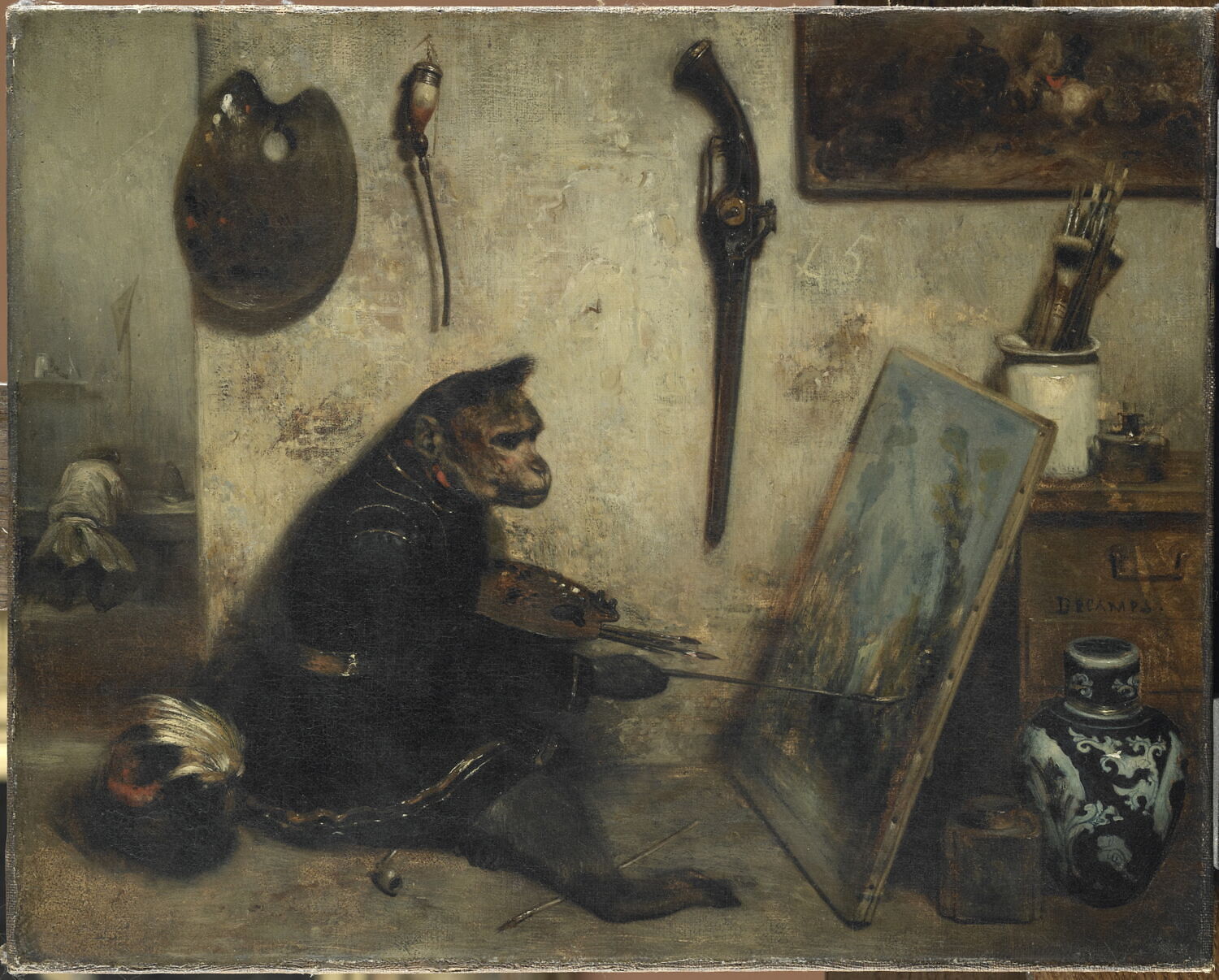 Le singe peintre, dit aussi Intérieur d'atelier., Decamps, Alexandre-Gabriel, 2e quart du XIXe siècle (1849)