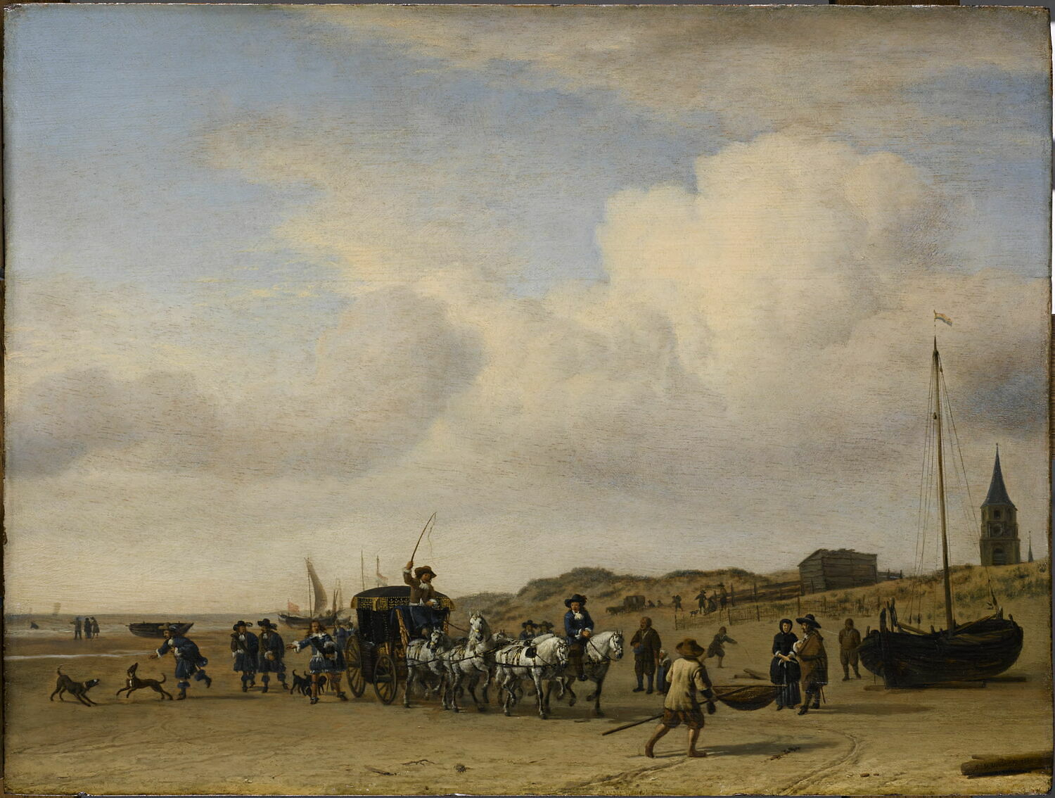 Noble Equipage (prince d'Orange?) cheminant sur la plage de Scheveningen, Velde, Adriaen van de, 2e quart du XVIIe siècle (1660)