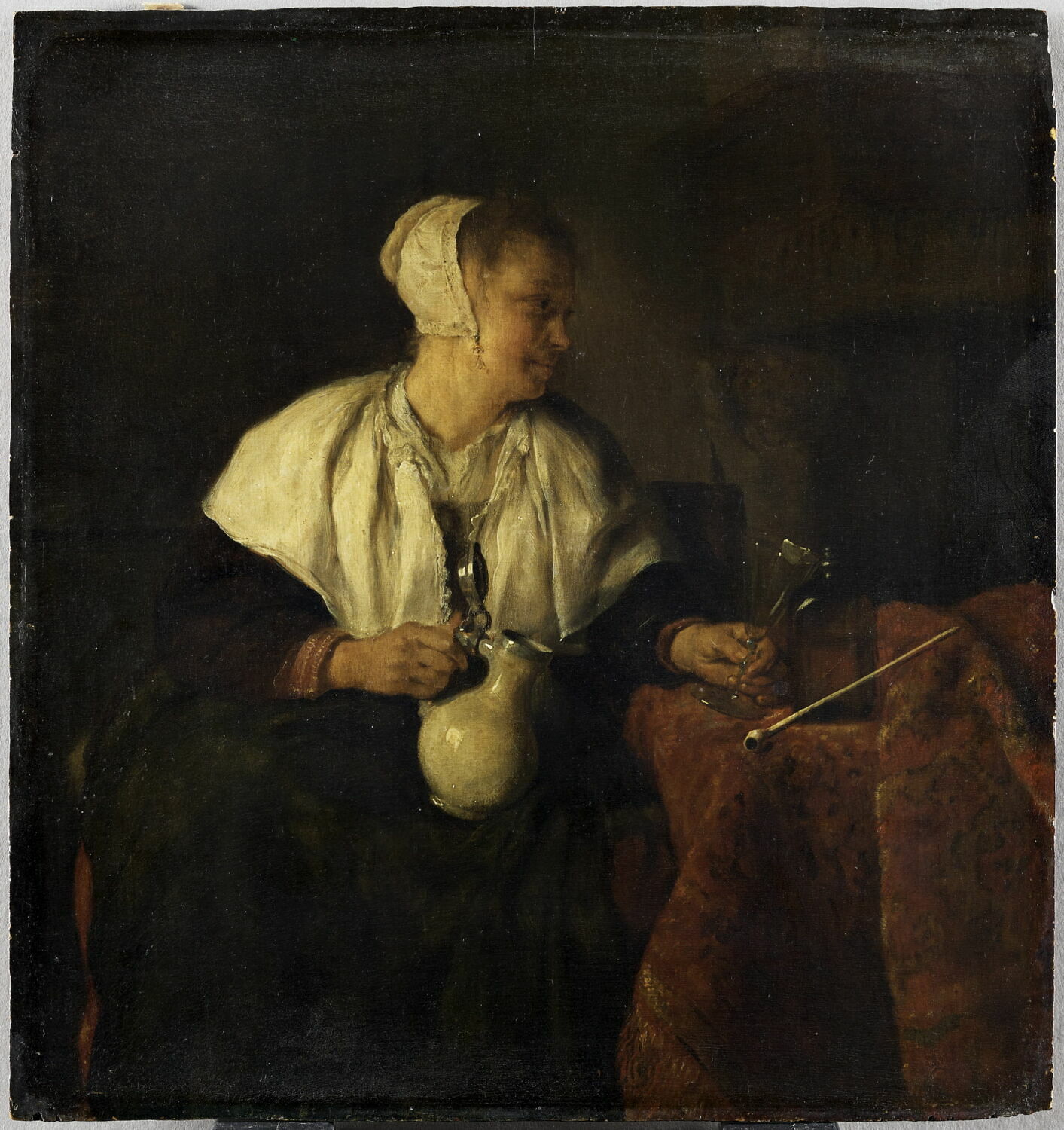 La Riboteuse hollandaise, Metsu, Gabriel, 3e quart du XVIIe siècle (A dater vers 1657-1658, à la fin de la période leydoise de l'artiste sinon au début de sa période amsterdamoise, marquée par l'exemple de Ter Borch.) (1657 - 1658)