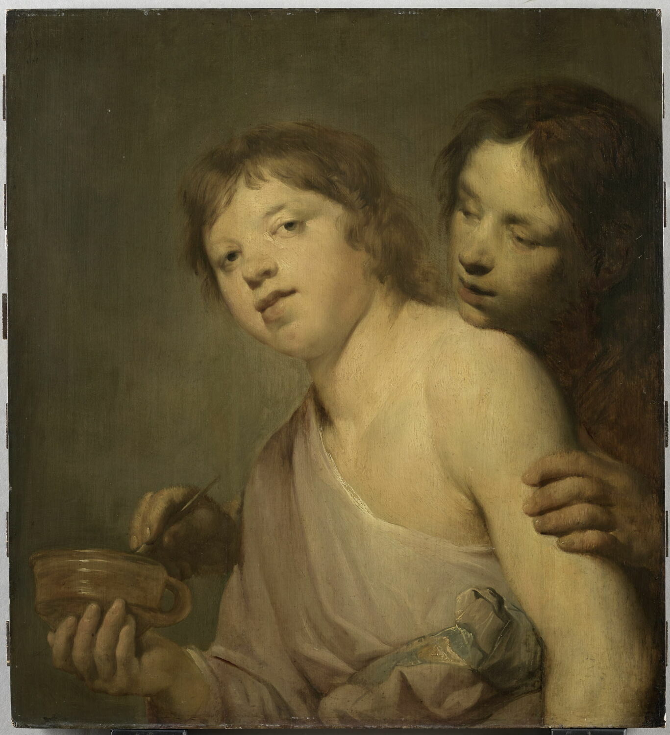 Jeunes gens s'apprêtant à souffler sur des bulles de savon. Allégorie de la Vanité, dit autrefois La Leçon de tatouage, Grebber, Pieter Fransz. de, 1e quart du XVIIe siècle (1646)