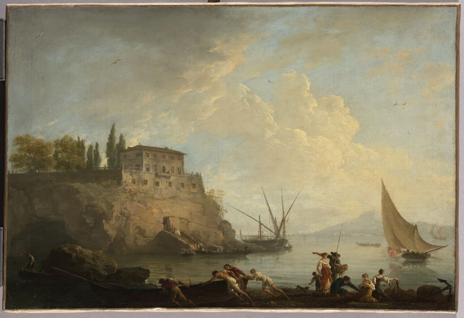 Marine, soleil couchant; pêcheurs poussant une barque, Vernet, Claude-Joseph, 2e quart du XVIIIe siècle (1725 - 1750)