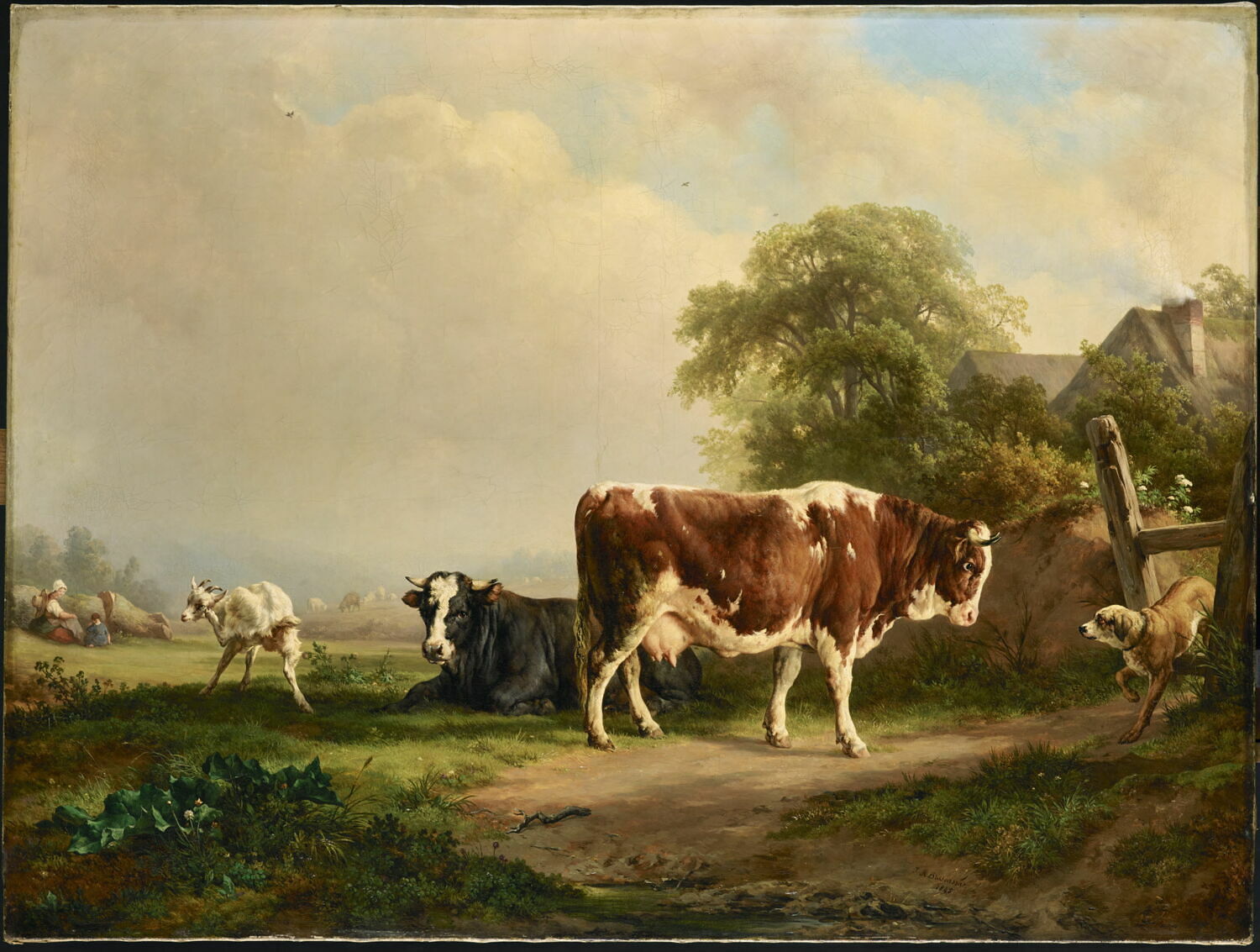 Paysage et animaux, dit aussi La vache au chien., Brascassat, Jacques-Raymond, 2e quart du XIXe siècle (1845)