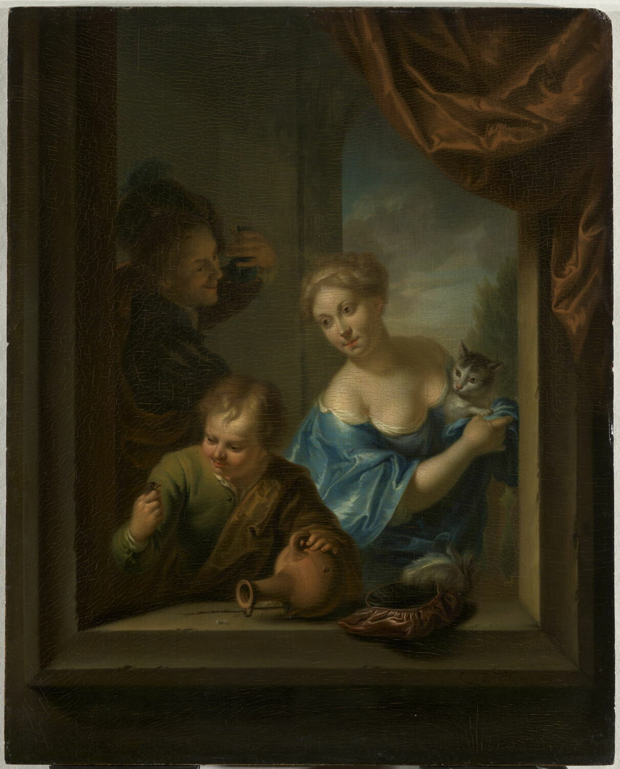 Couple et enfant apparaissant à une fenêtre, Moni, Louis de, XVIIIe siècle (1700 - 1800)