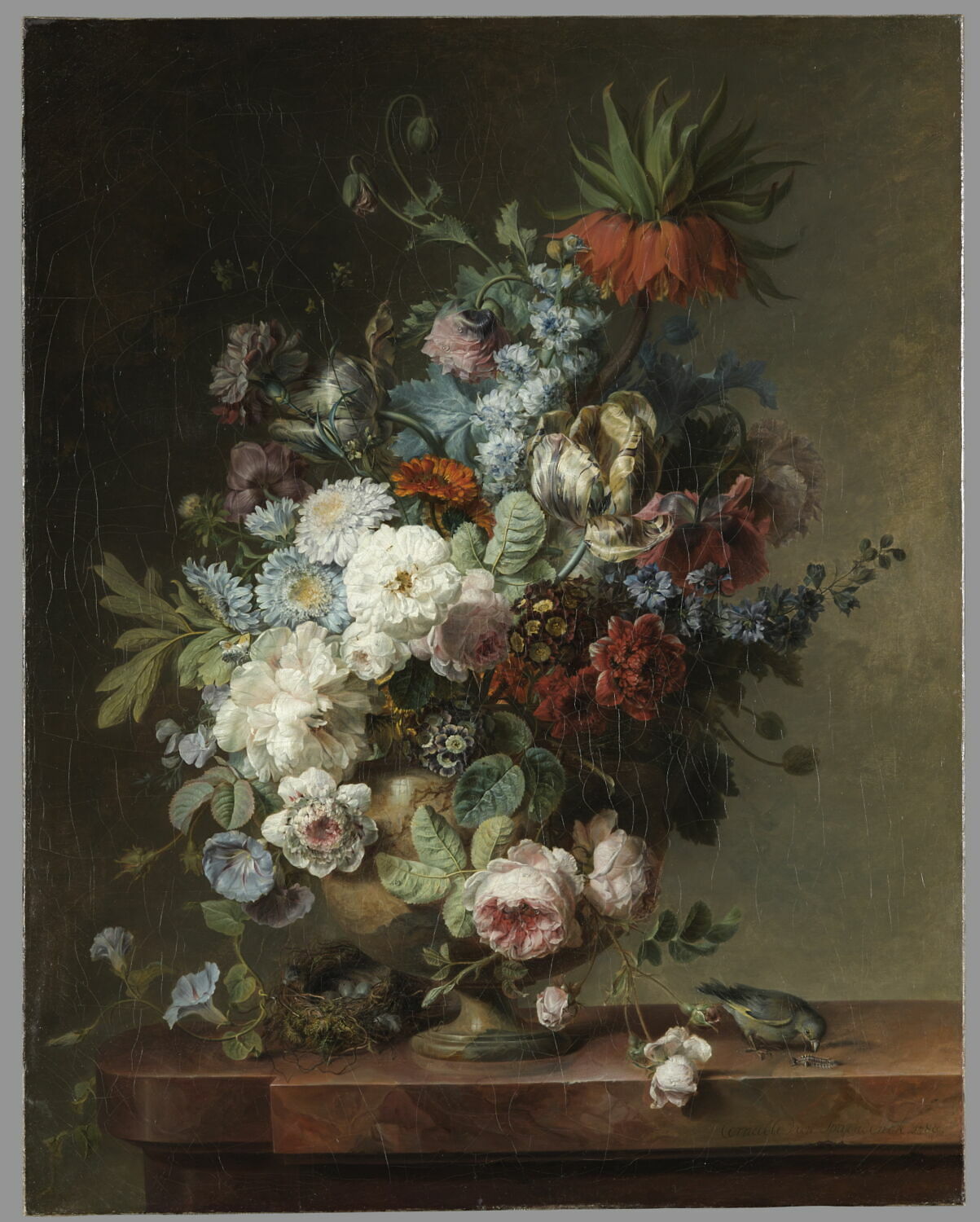 Vase de fleurs sur une table de pierre, avec un nid et un verdier mâle, Spaendonck, Cornelis van, XVIIIe siècle (1789)
