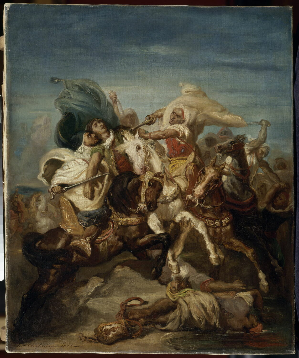Ancienne tapisserie murale à suspendre scène de combat de