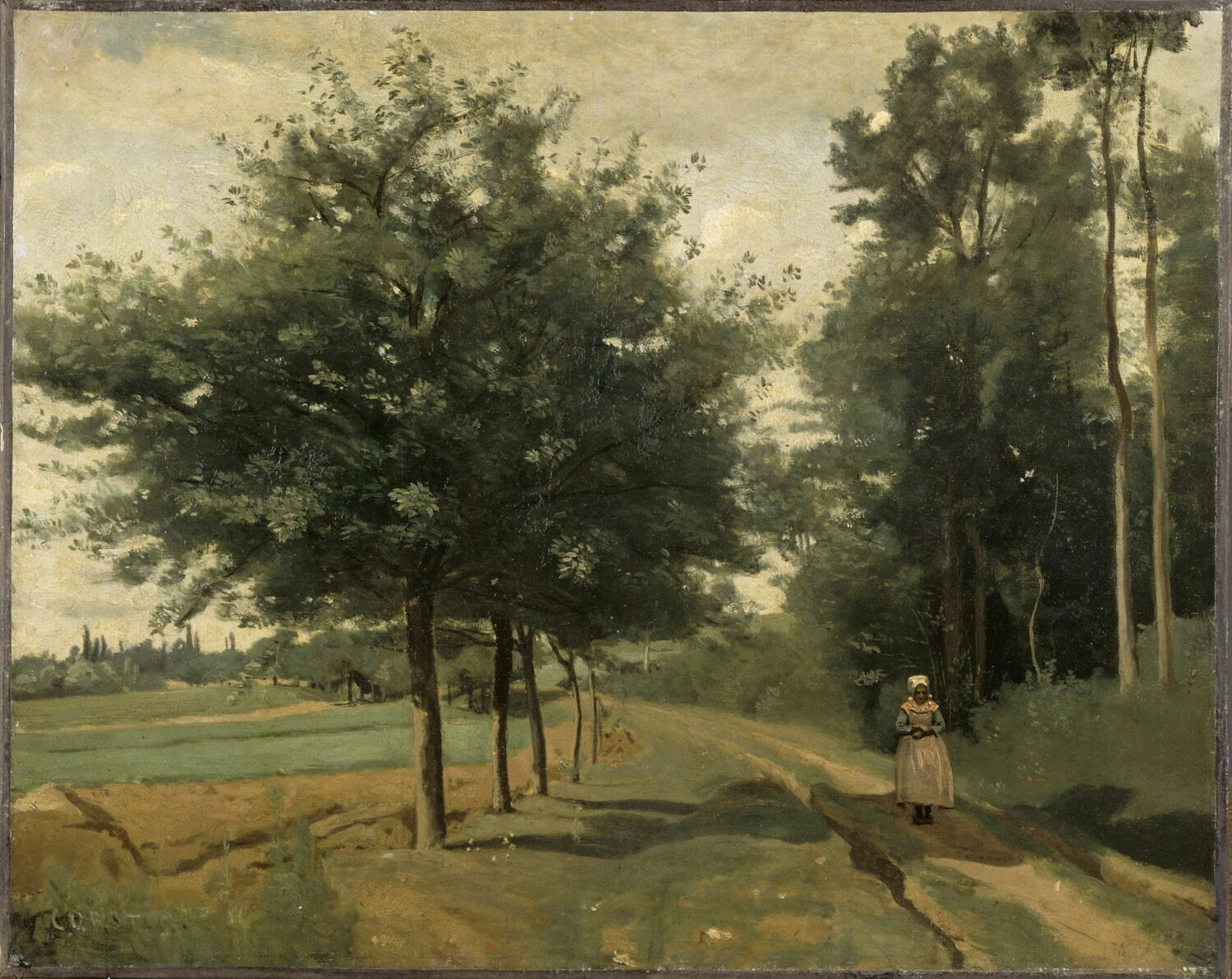 Environs de Mortain. Chemin borde à gauche par des Pommiers, dit aussi Le sentier le long du bois, Corot, Jean-Baptiste Camille, 1e moitié du XIXe siècle (vers 1835 - 1845)