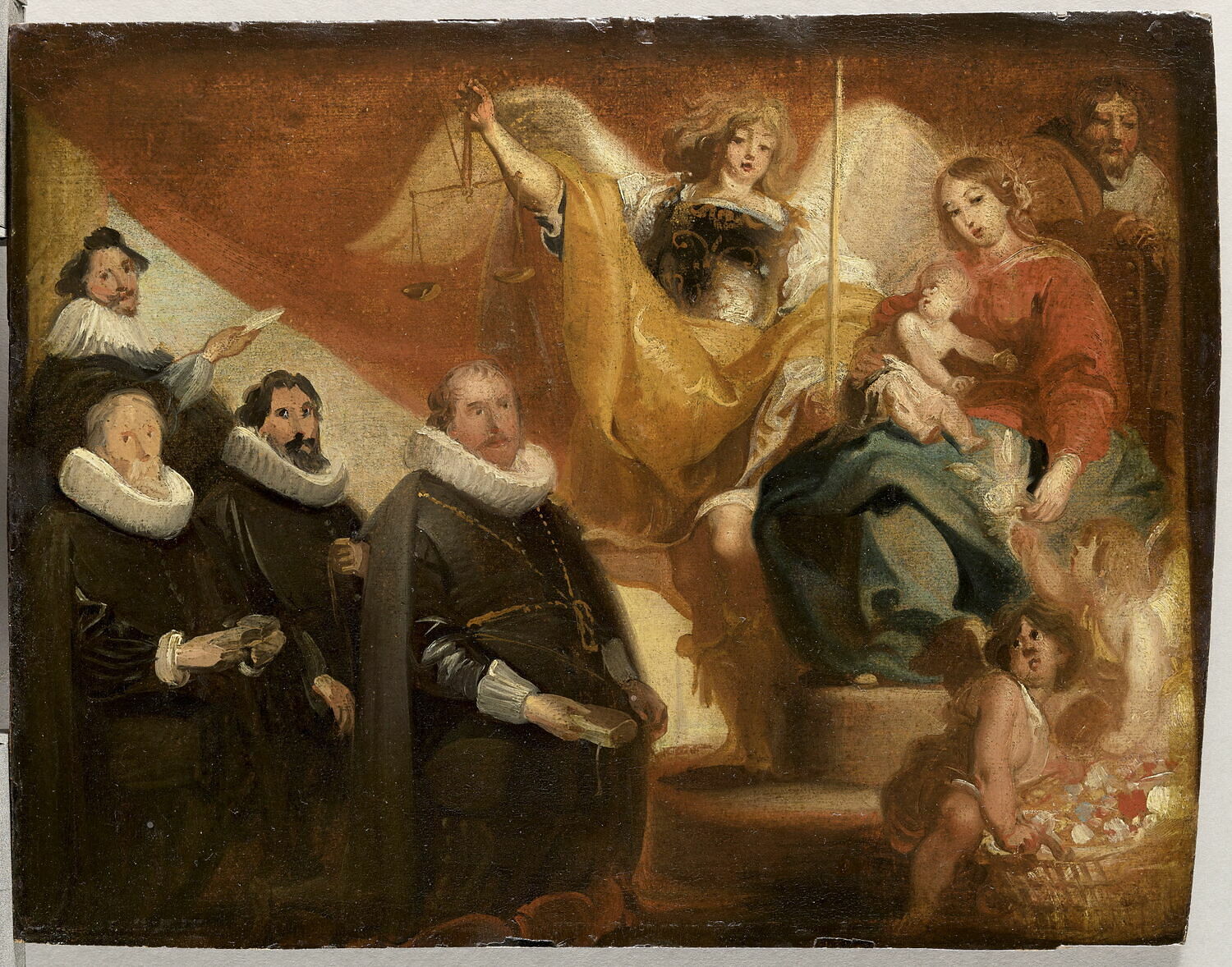 Vierge à l'Enfant avec saint Joseph et l'archange saint Michel, et quatre magistrats de la ville de Bruxelles en orants, Sallaert, Anton, XVIIe siècle (esquissse d'un tableau de 1634) (avant 1634)