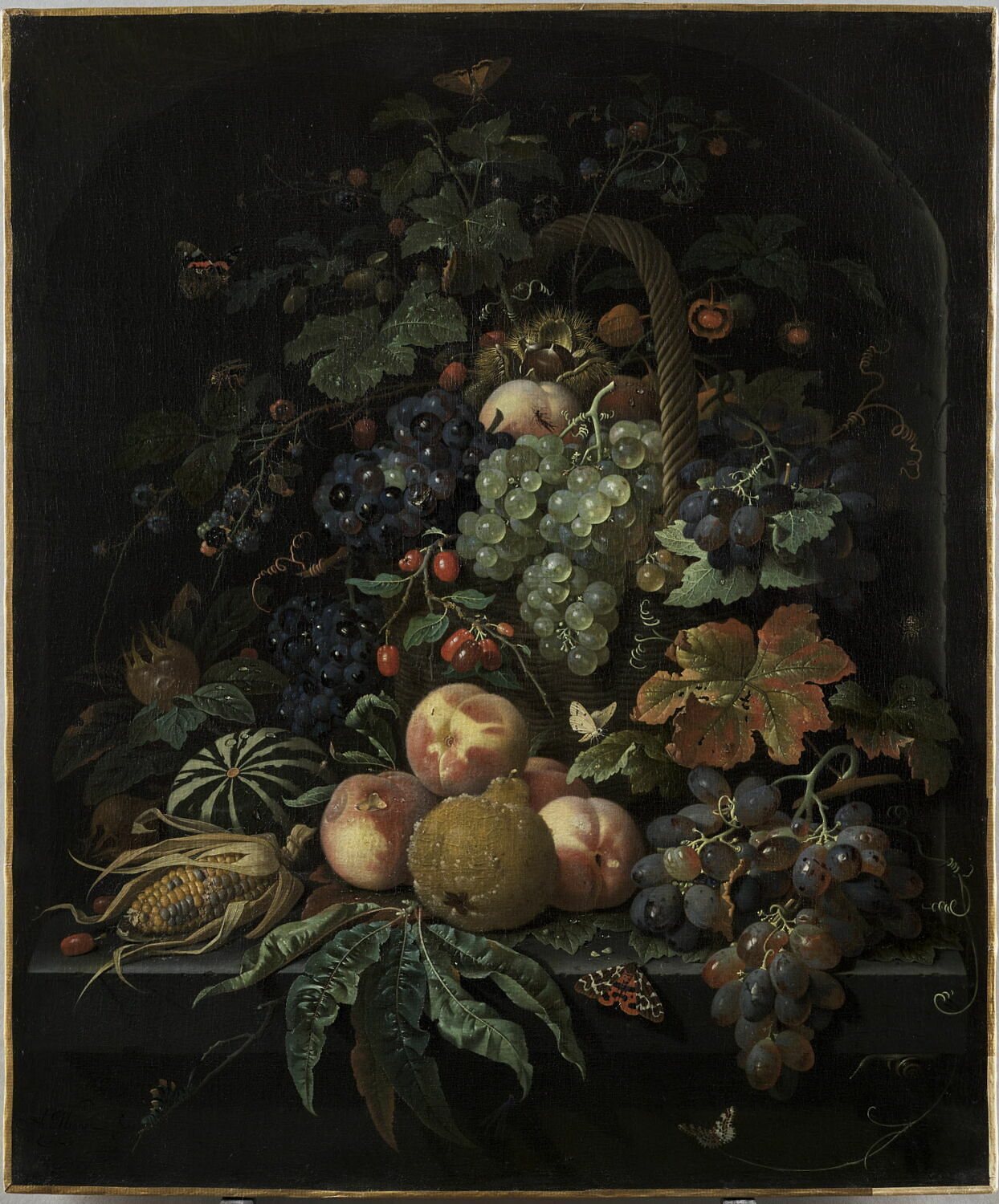 Fruits, corbeille, insectes et papillons sur fond de niche en pierre, Mignon, Abraham, XVIIe siècle (1600 - 1700)
