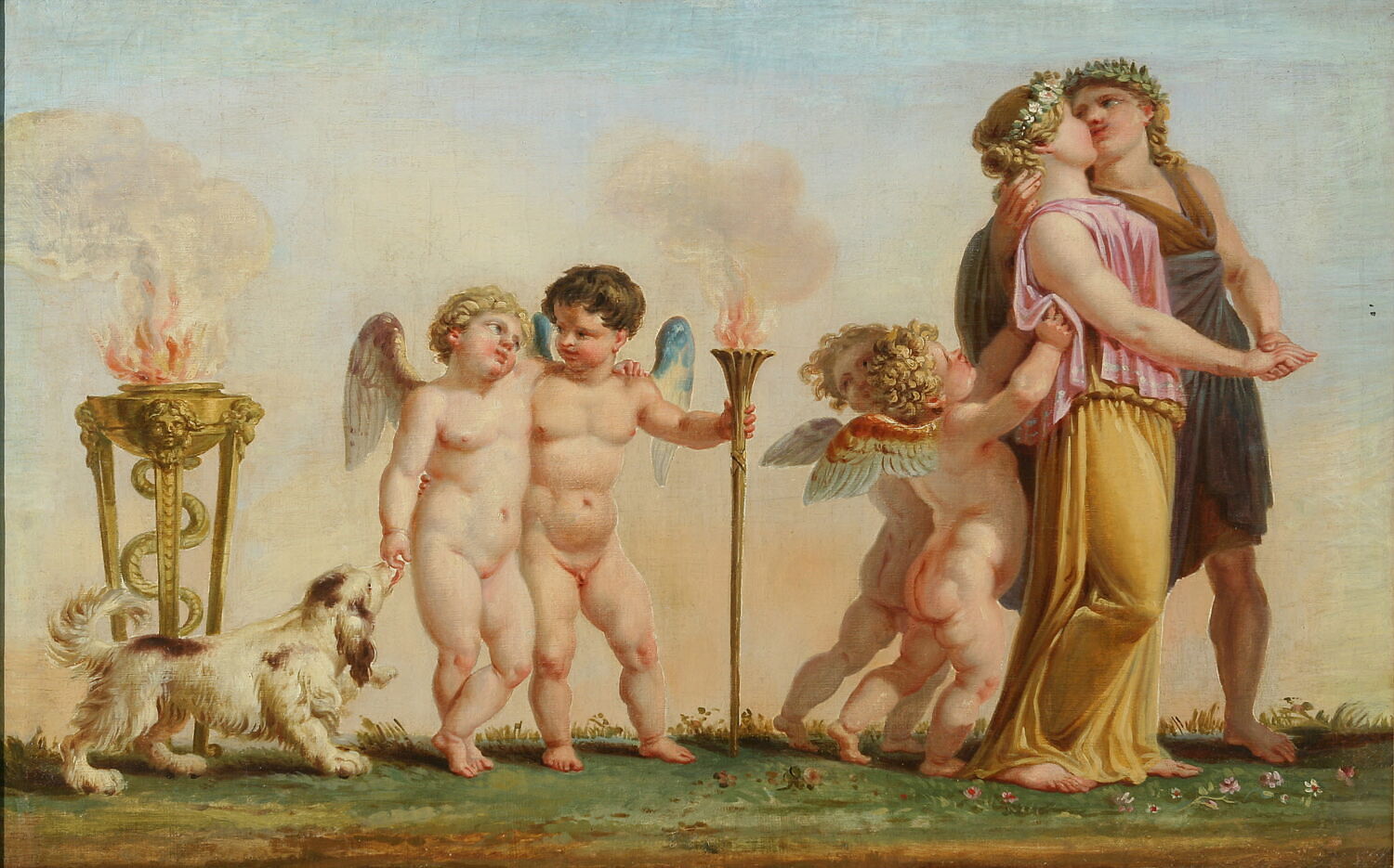 Le Printemps (salon des saisons) couple s'embrassant, amours, chien et feu, Prud'hon, Pierre-Paul, XIXe siècle (1800 - 1900)
