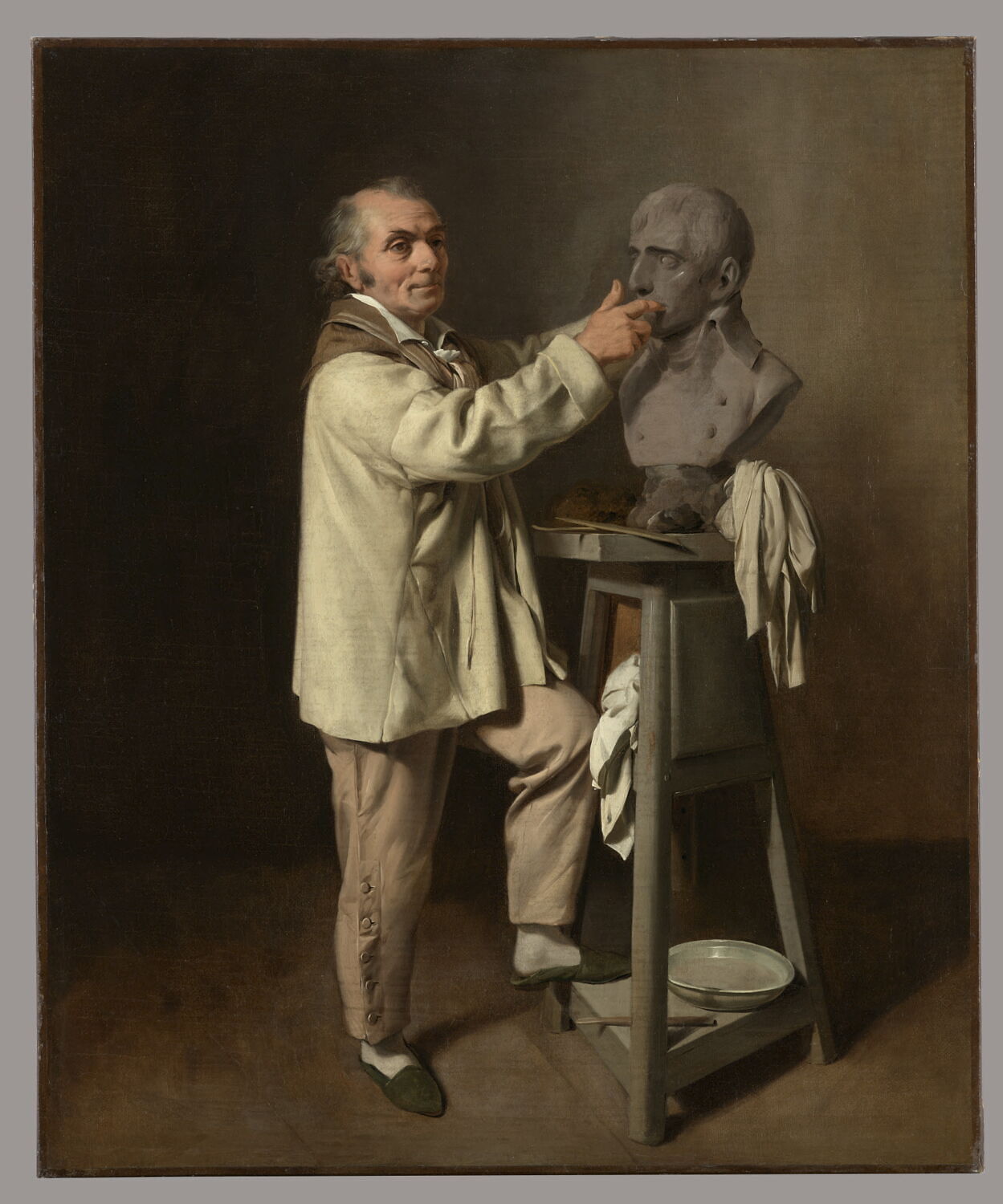 Portrait du sculpteur Jean Antoine Houdon dans son atelier, modelant le buste de Napoléon Bonaparte, Boilly, Louis Léopold, 1e quart du XIXe siècle (vers 1802)