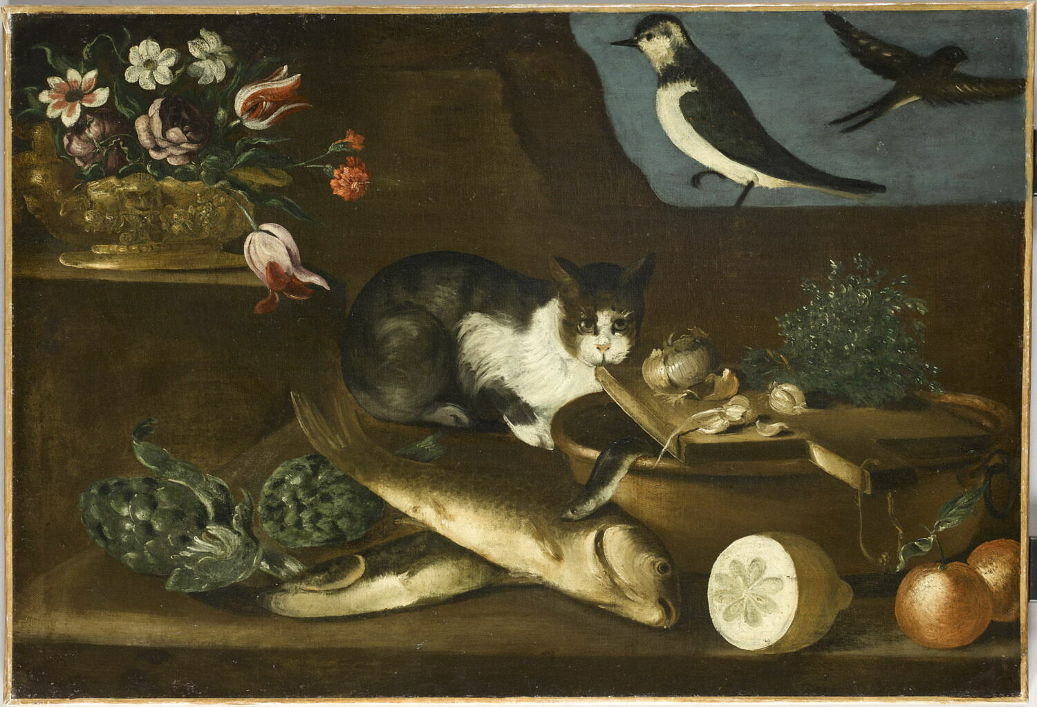 Nature morte au chat, Anonyme, XVIIe siècle (1600 - 1700)