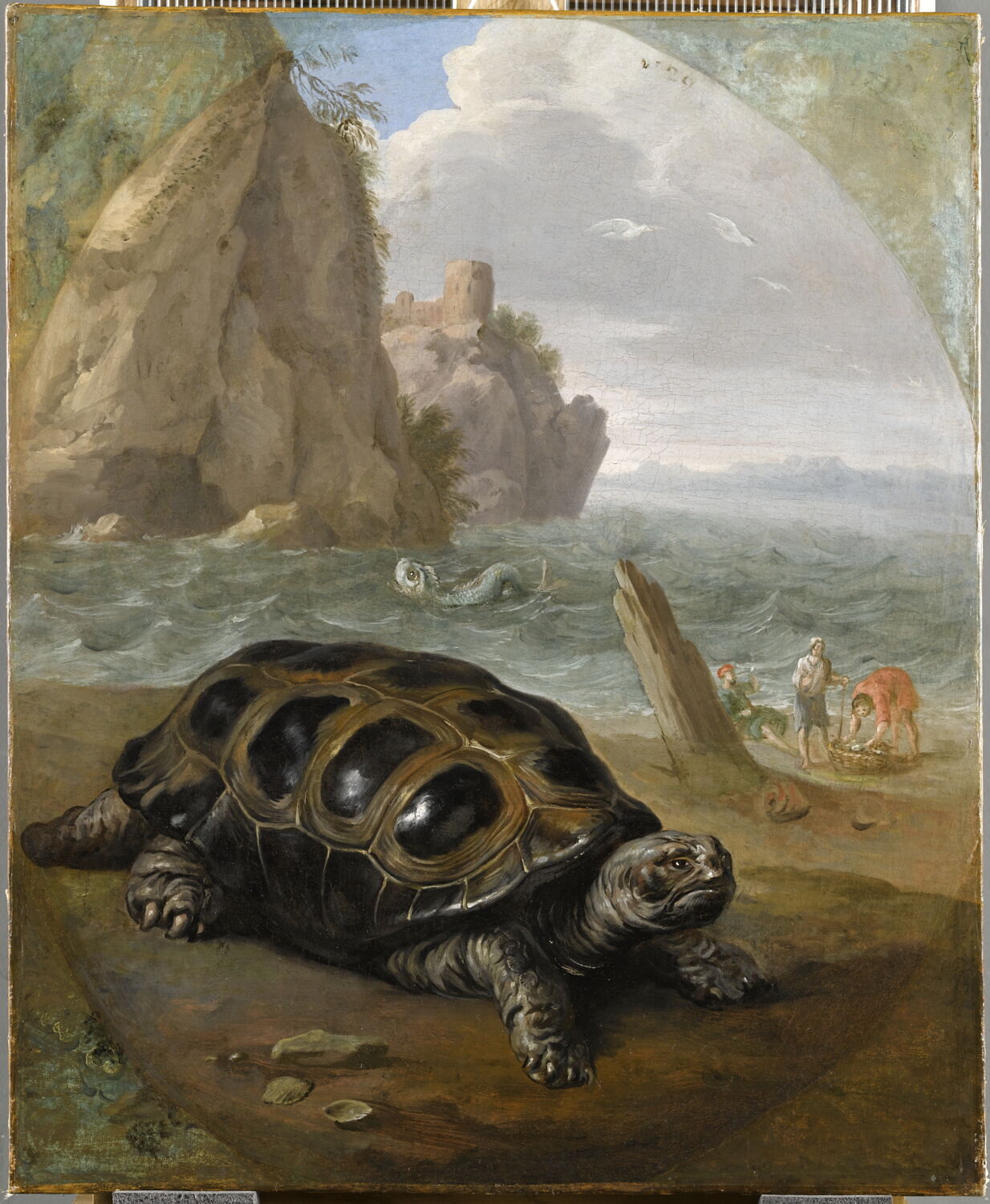 Tortue sur un bord de mer, avec trois pêcheurs, Bernaerts, Nicasius, XVIIe siècle (1600 - 1700)
