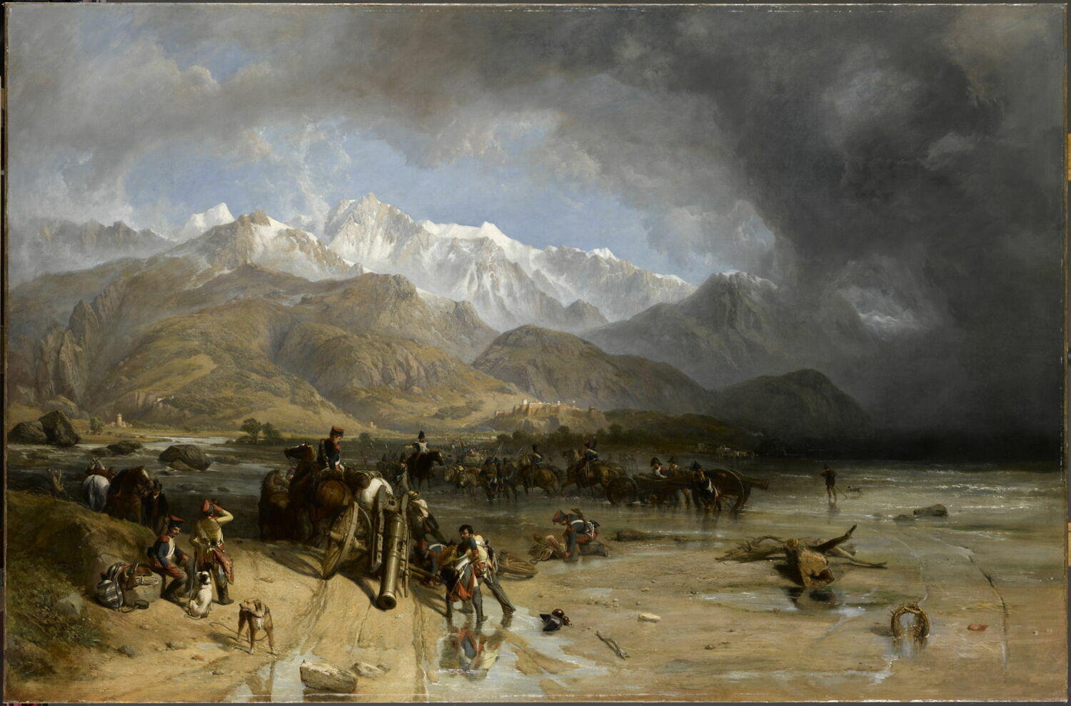 Les Troupes françaises franchissant la Margra. Sarzana et les montagnes de Carrare dans le lointain, en 1796, Stanfield , Clarkson, XIXe siècle (1847)