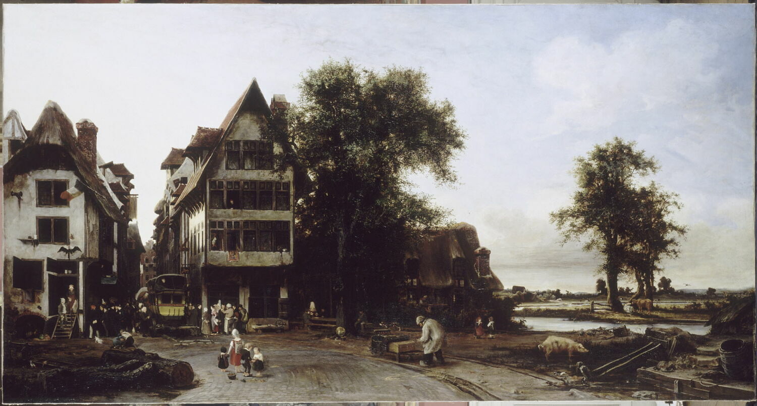 Une diligence traversant un village de Basse-Normandie, et annonçant aux gens du lieu la nouvelle de la Révolution de juillet, La Berge, Charles de, XIXe siècle (1831)