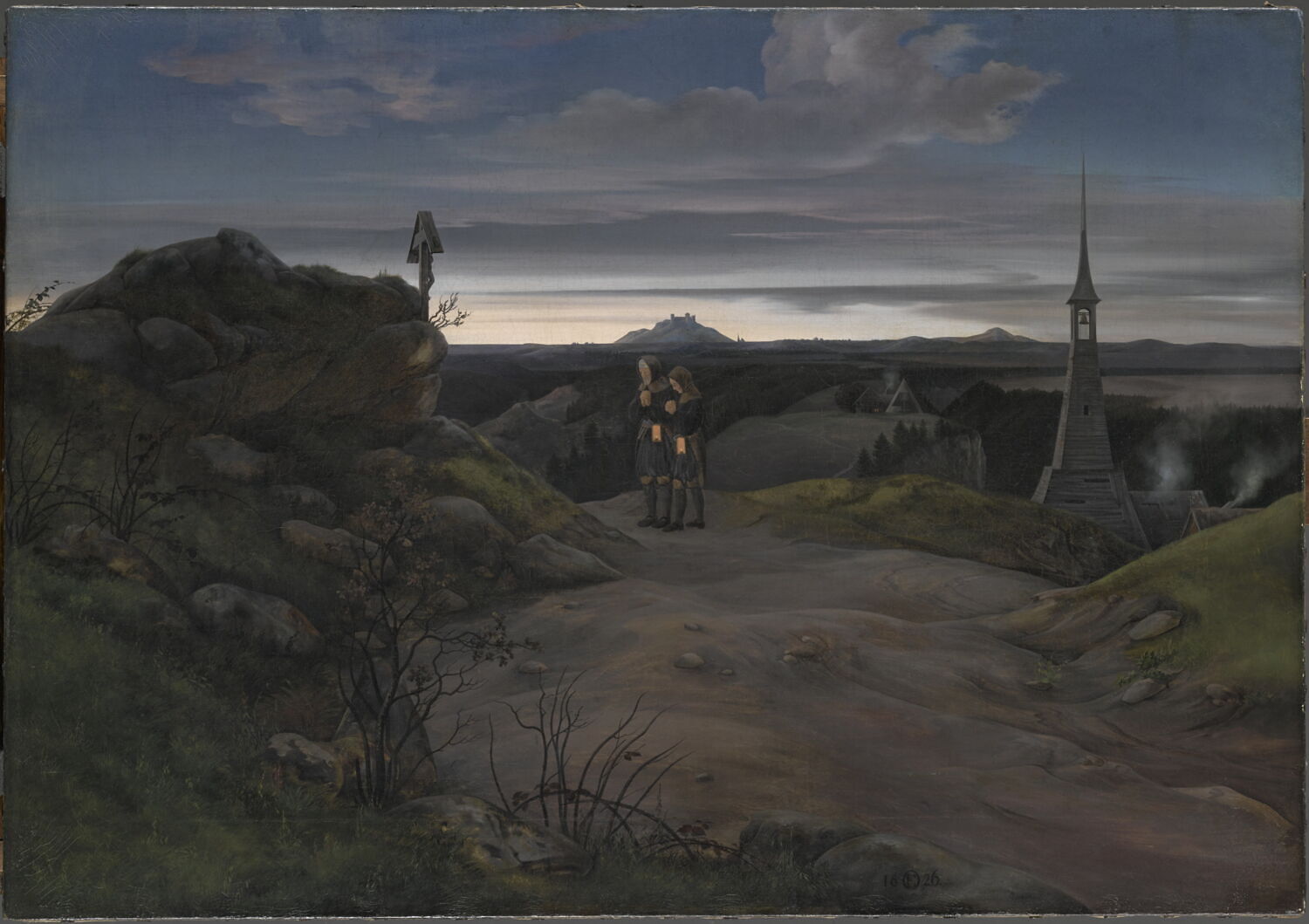 Paysage des monts Métallifères au petit matin, avec deux ouvriers de la mine en prière, avant de descendre dans le puits., Oehme, Ernst Ferdinand, 2e quart du XIXe siècle (1826)