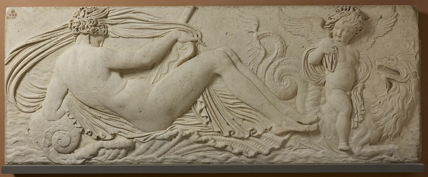Nymphe et petit génie monté sur un dragon marin, Goujon, Jean, 1547