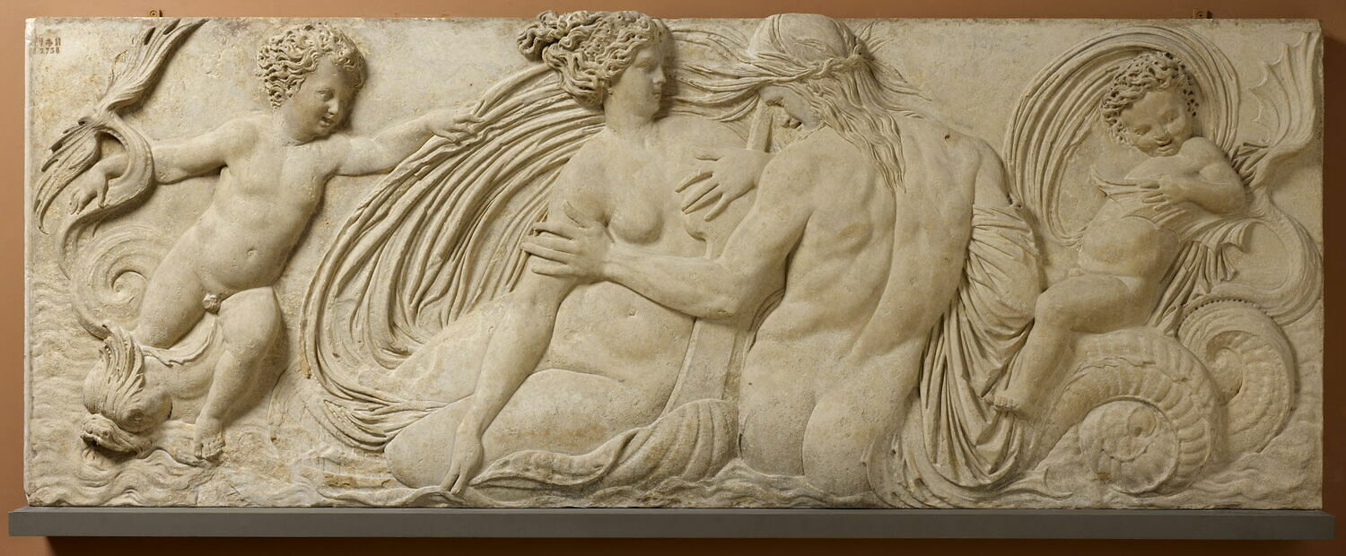 Nymphe et Triton entourés de deux petits génies, Goujon, Jean, 1547