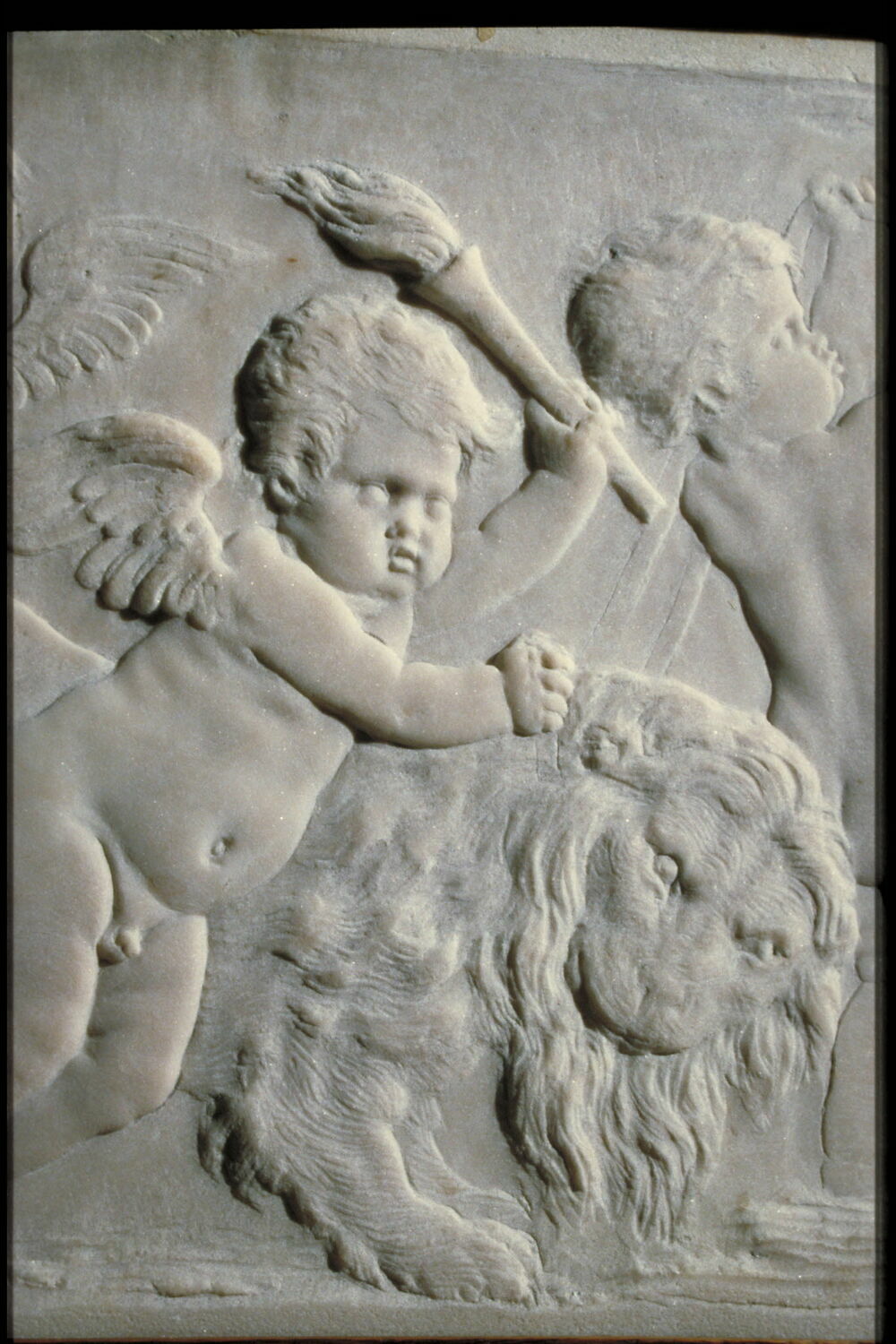 Amour et enfant conduisant un lion (à l'arrière plan, Amour embrassant un enfant), Van Opstal, Gérard, avant - 1668
