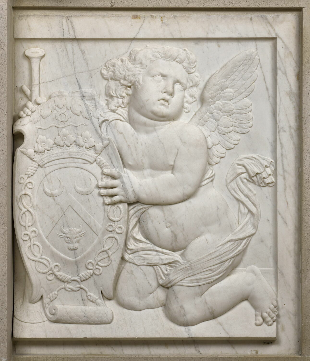 Génie funéraire soutenant les armoiries de Marie Bouhier de Beaumarchais, Guérin, Gilles, 1658 - 1663
