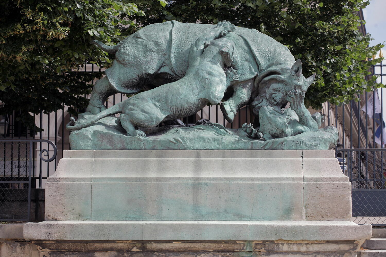 Rhinocéros attaqué par un tigre, Cain, Auguste Nicolas, 1882